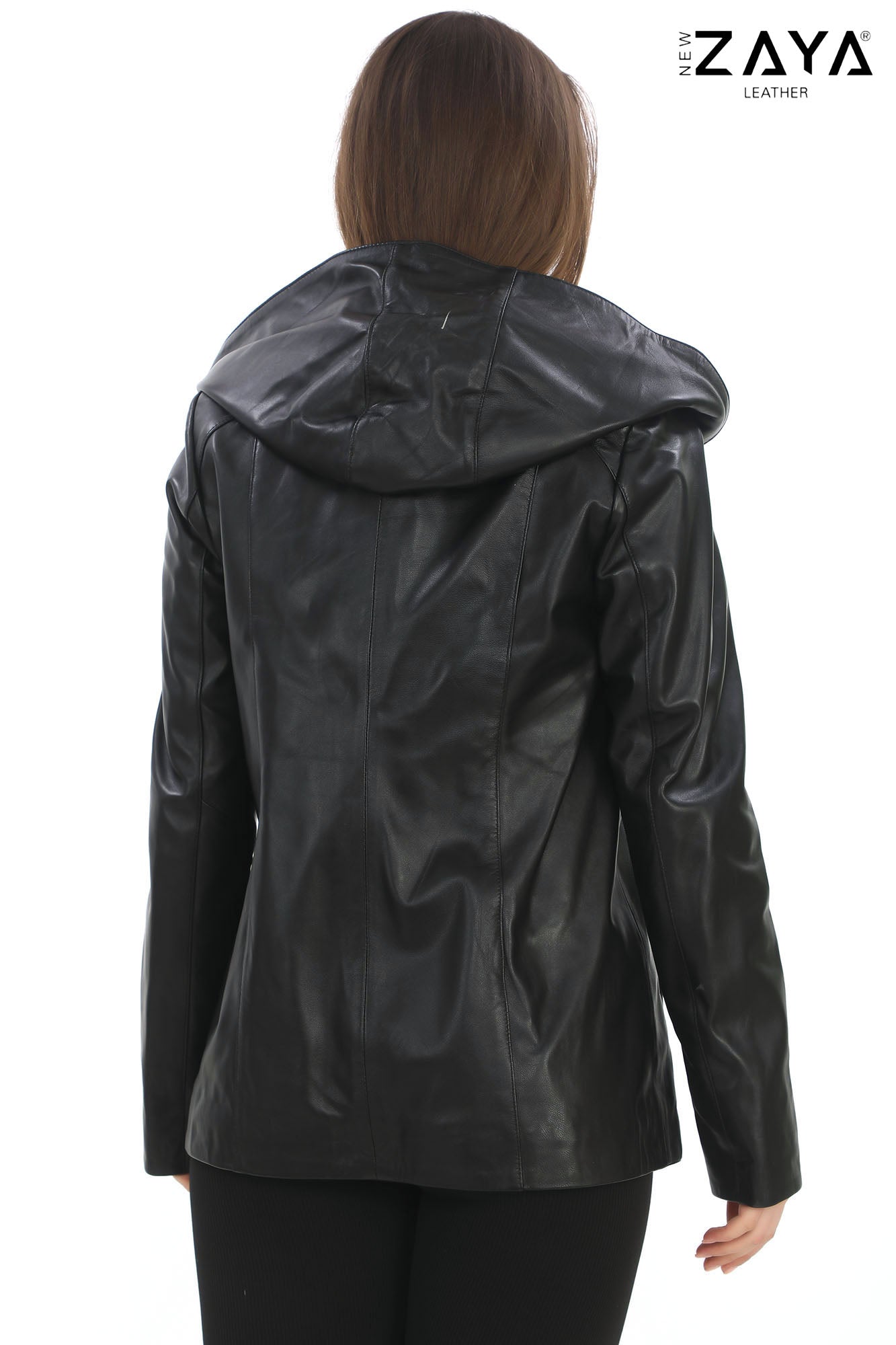MARTA Black Detachable Hood Lambskin Leather Jacket