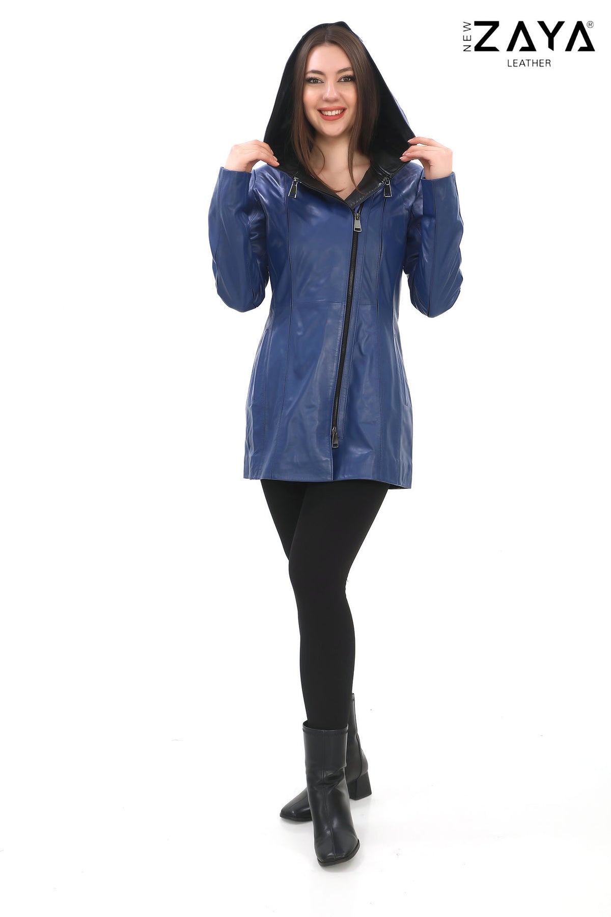 ALVEA COBALT BLUE  Detachable Hood Genuine Lambskin Leather Coat with Double-Zip Closure