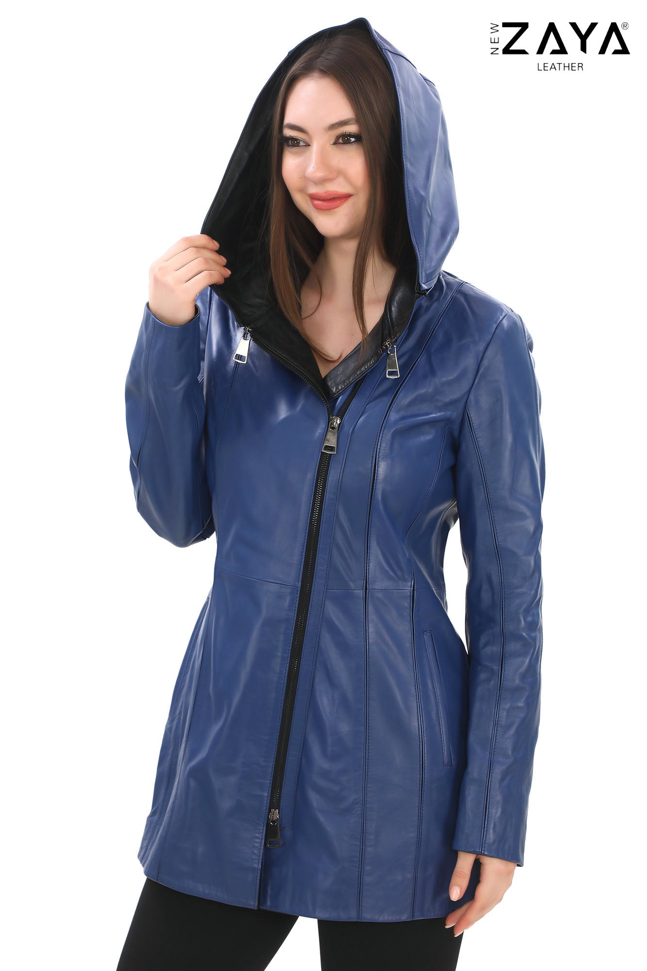 ALVEA COBALT BLUE  Detachable Hood Genuine Lambskin Leather Coat with Double-Zip Closure