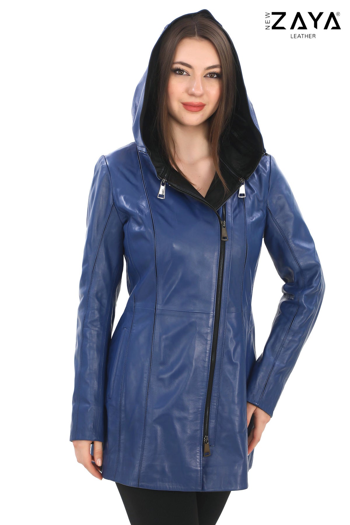 ALVEA COBALT BLUE  Detachable Hood Genuine Lambskin Leather Coat with Double-Zip Closure