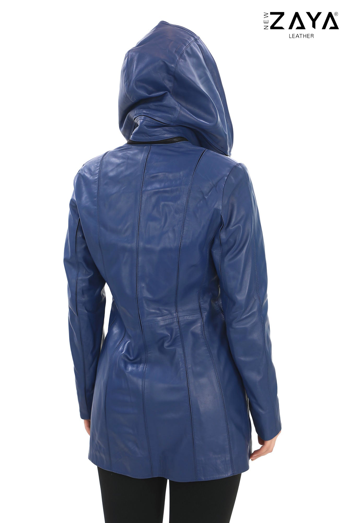 ALVEA COBALT BLUE  Detachable Hood Genuine Lambskin Leather Coat with Double-Zip Closure