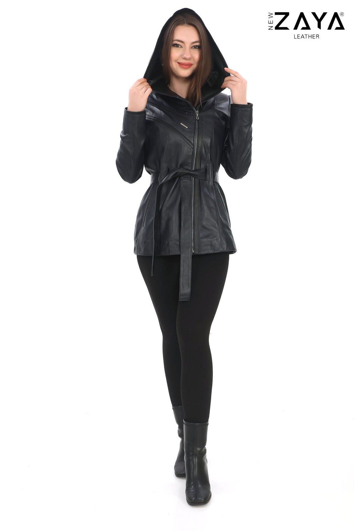 Venza Genuine Lambskin Navy Blue Hooded Leather Jacket with Contrast Asymmetric Stripes