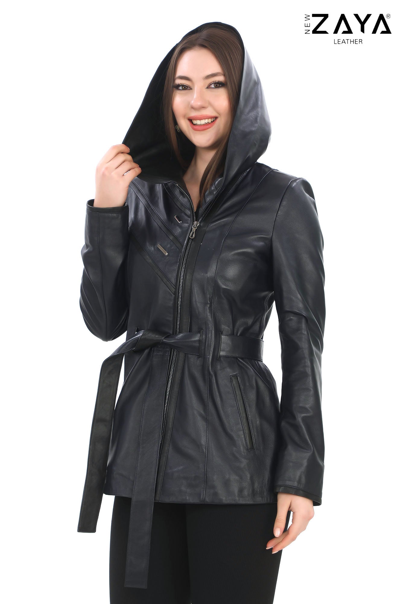 Venza Genuine Lambskin Navy Blue Hooded Leather Jacket with Contrast Asymmetric Stripes