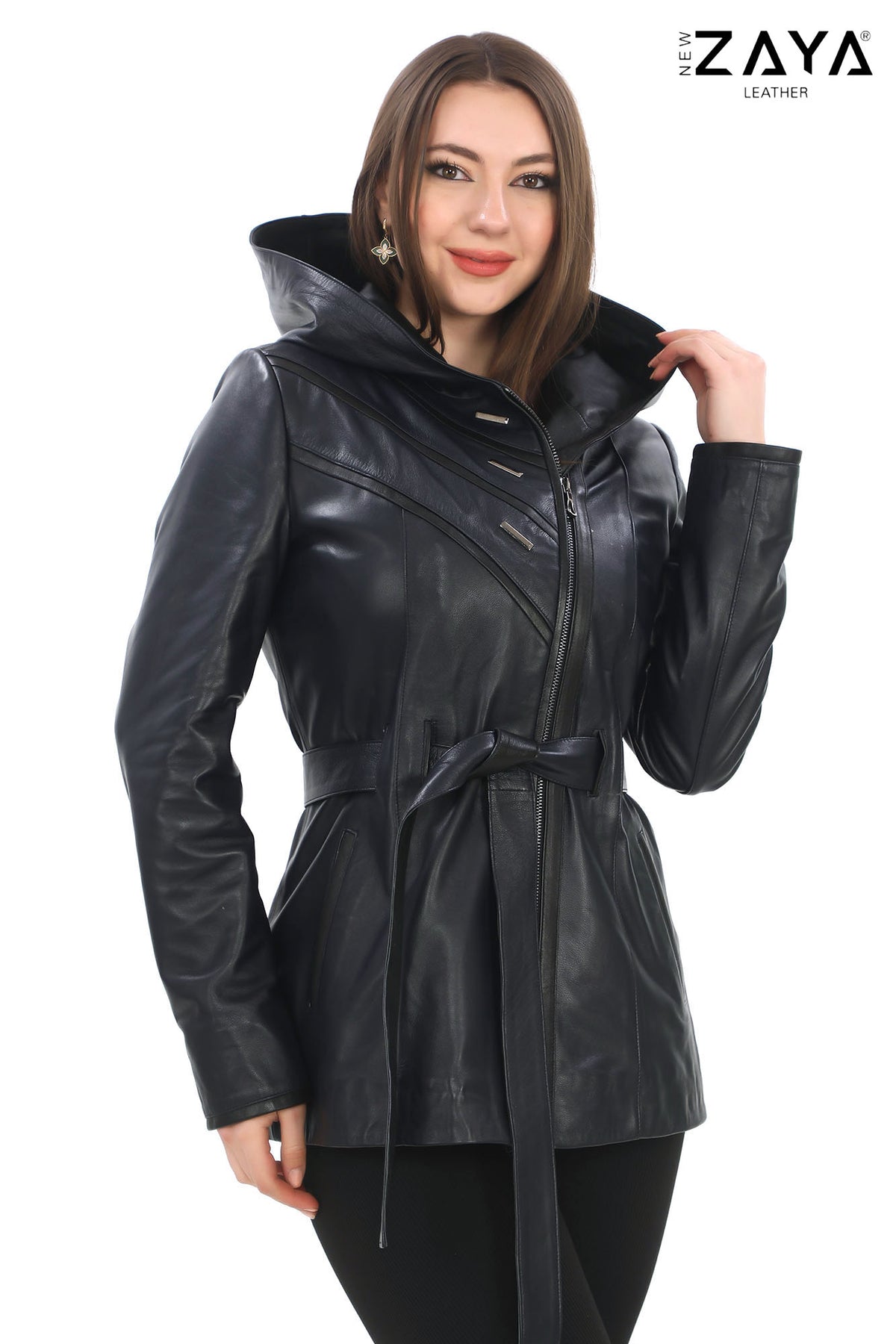 Venza Genuine Lambskin Navy Blue Hooded Leather Jacket with Contrast Asymmetric Stripes