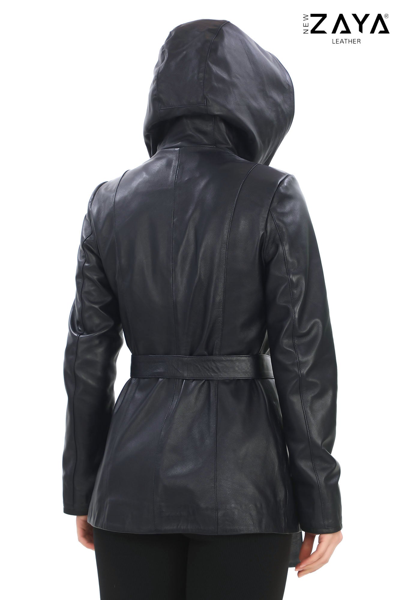 Venza Genuine Lambskin Navy Blue Hooded Leather Jacket with Contrast Asymmetric Stripes
