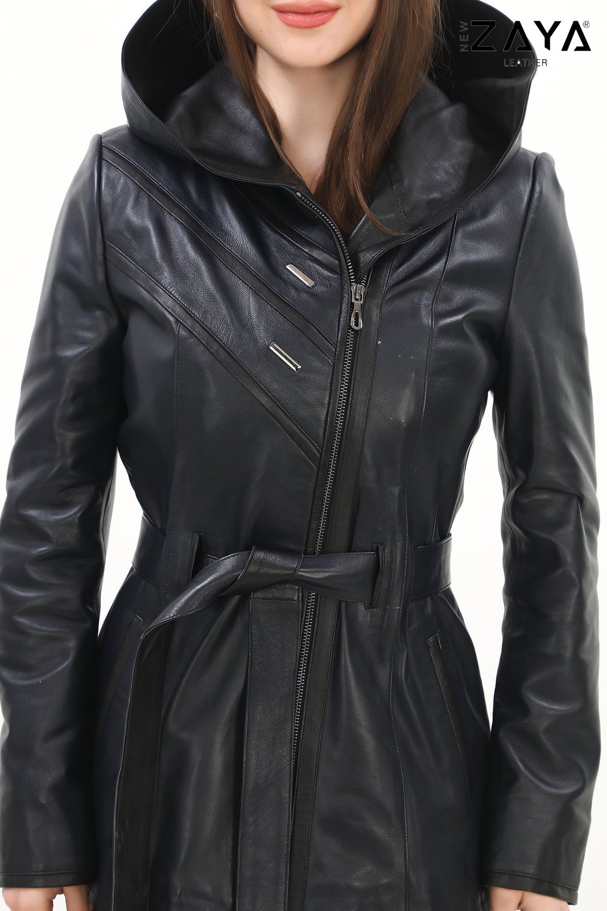Venza Genuine Lambskin Navy Blue Hooded Leather Jacket with Contrast Asymmetric Stripes