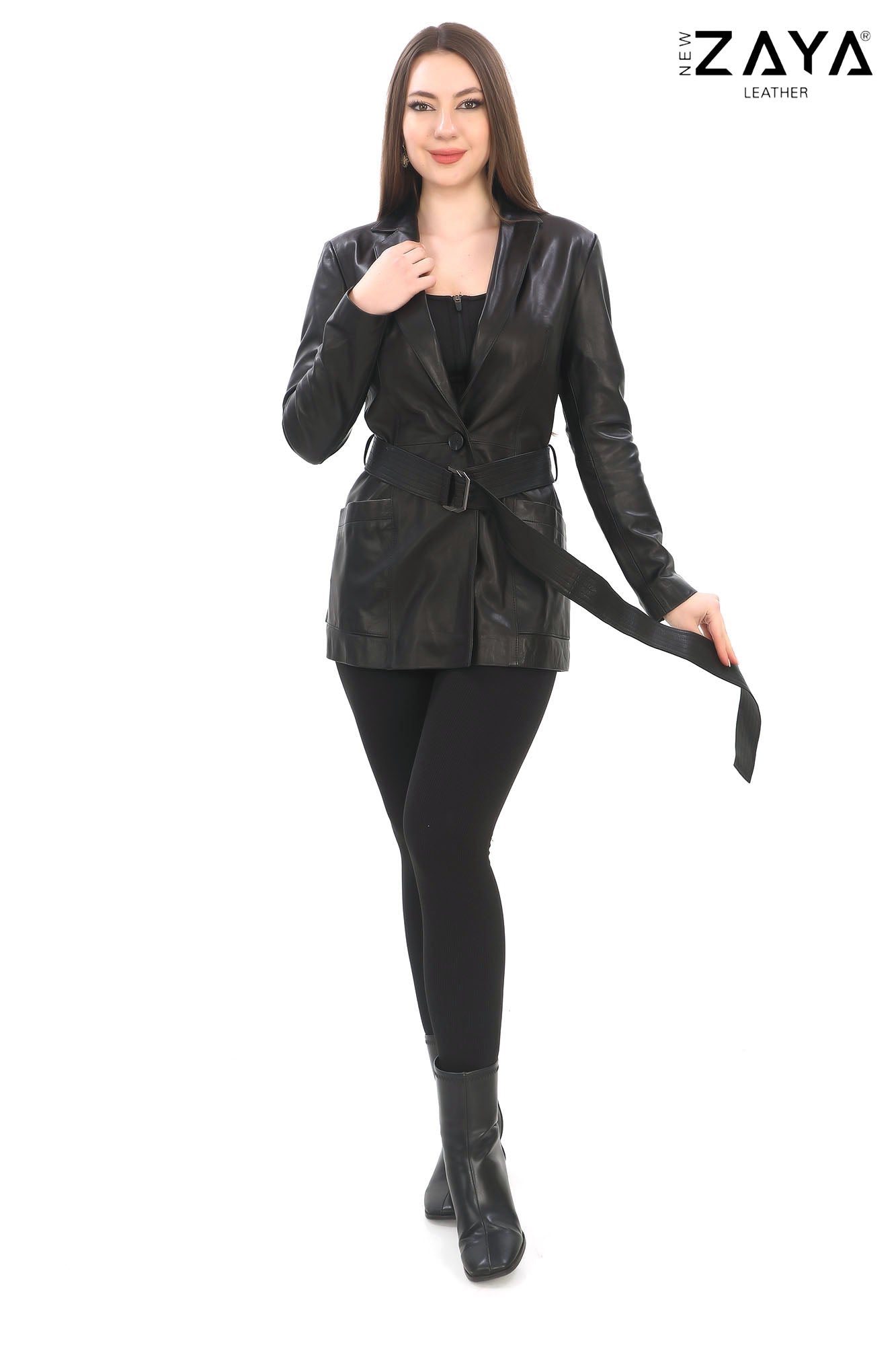 LUXE VÉRONA Women’s Black Belted Leather Trench