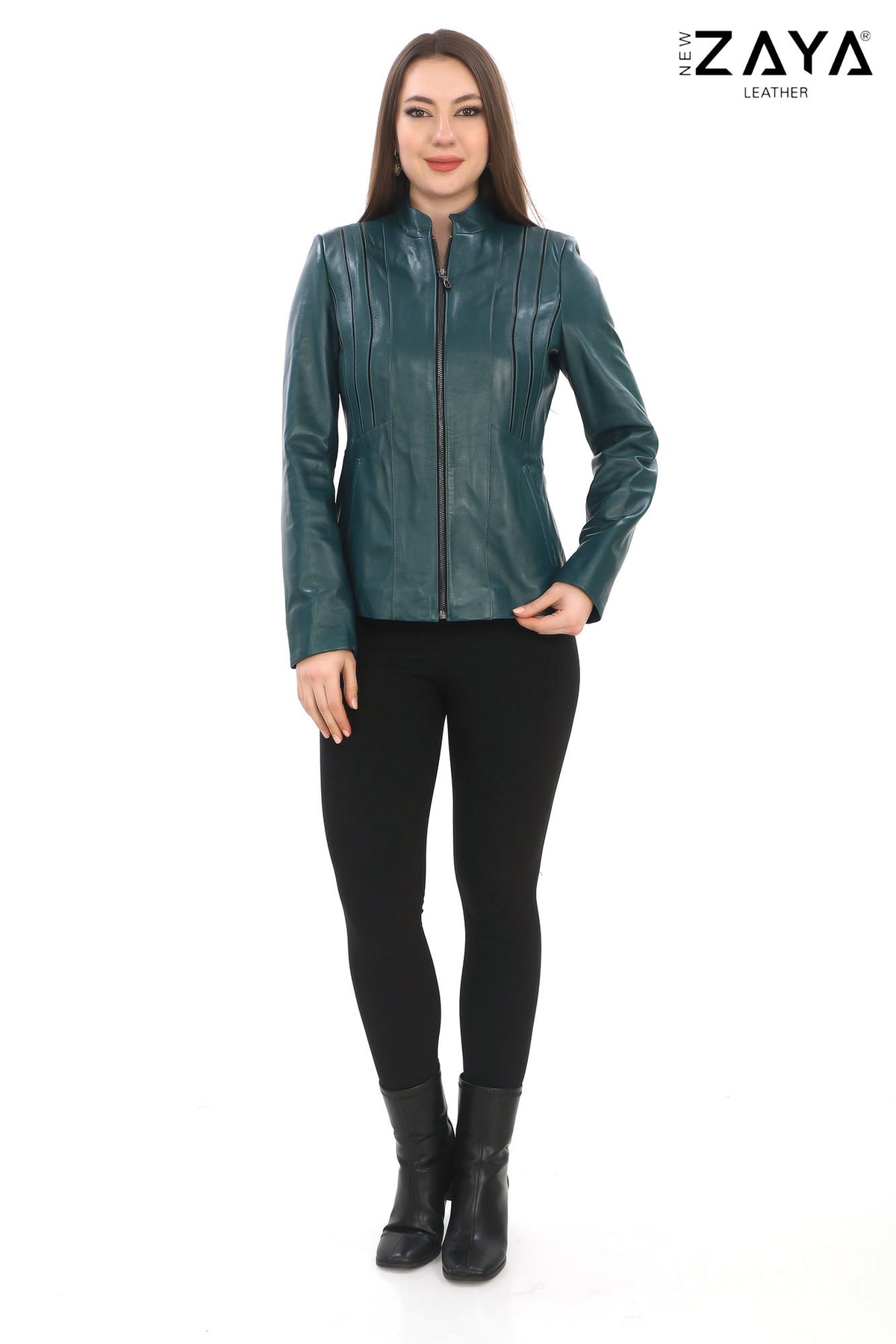 SADERNES Teal Women’s Genuine Lamb Leather Jacket with Stand Collar