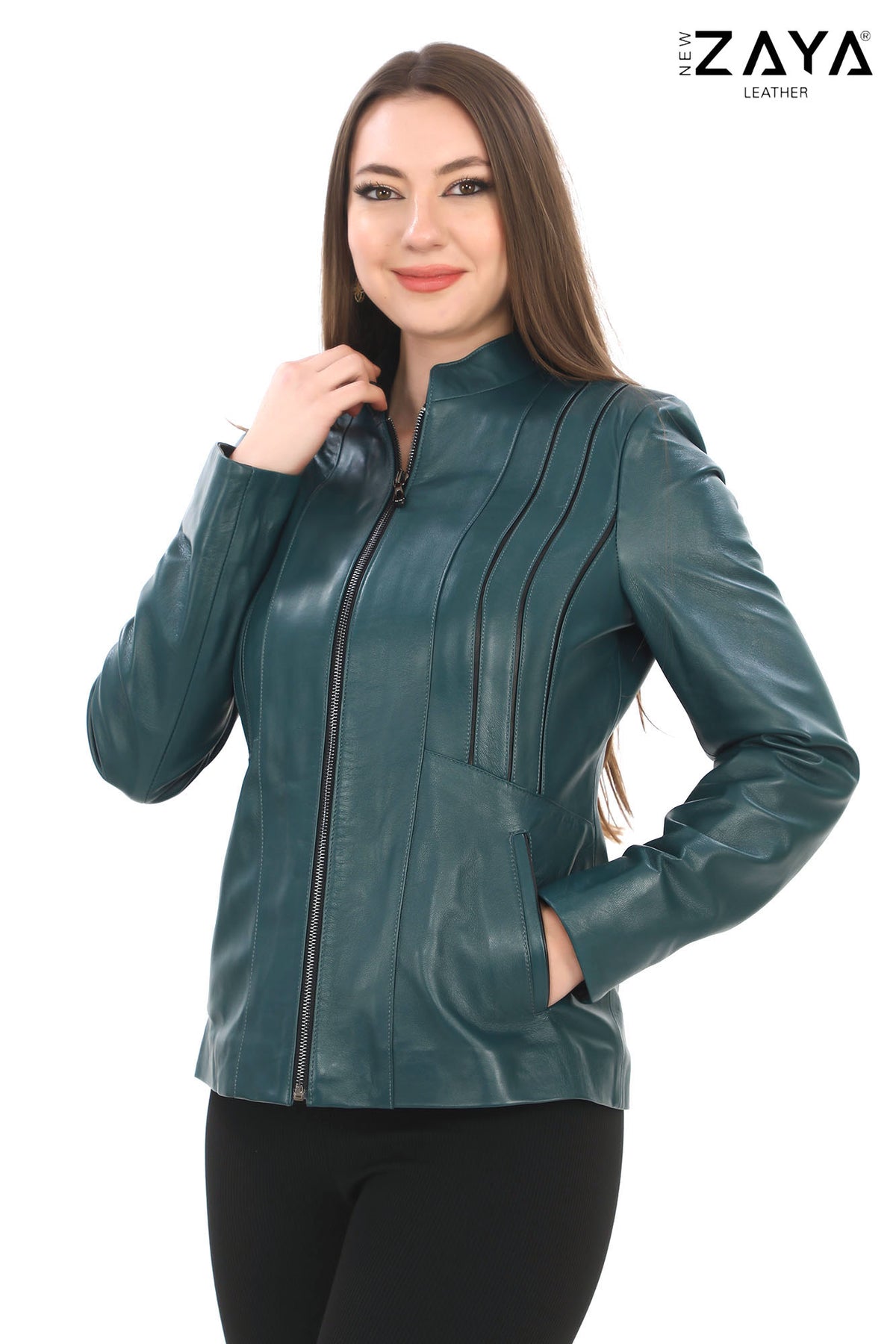 SADERNES Teal Women’s Genuine Lamb Leather Jacket with Stand Collar
