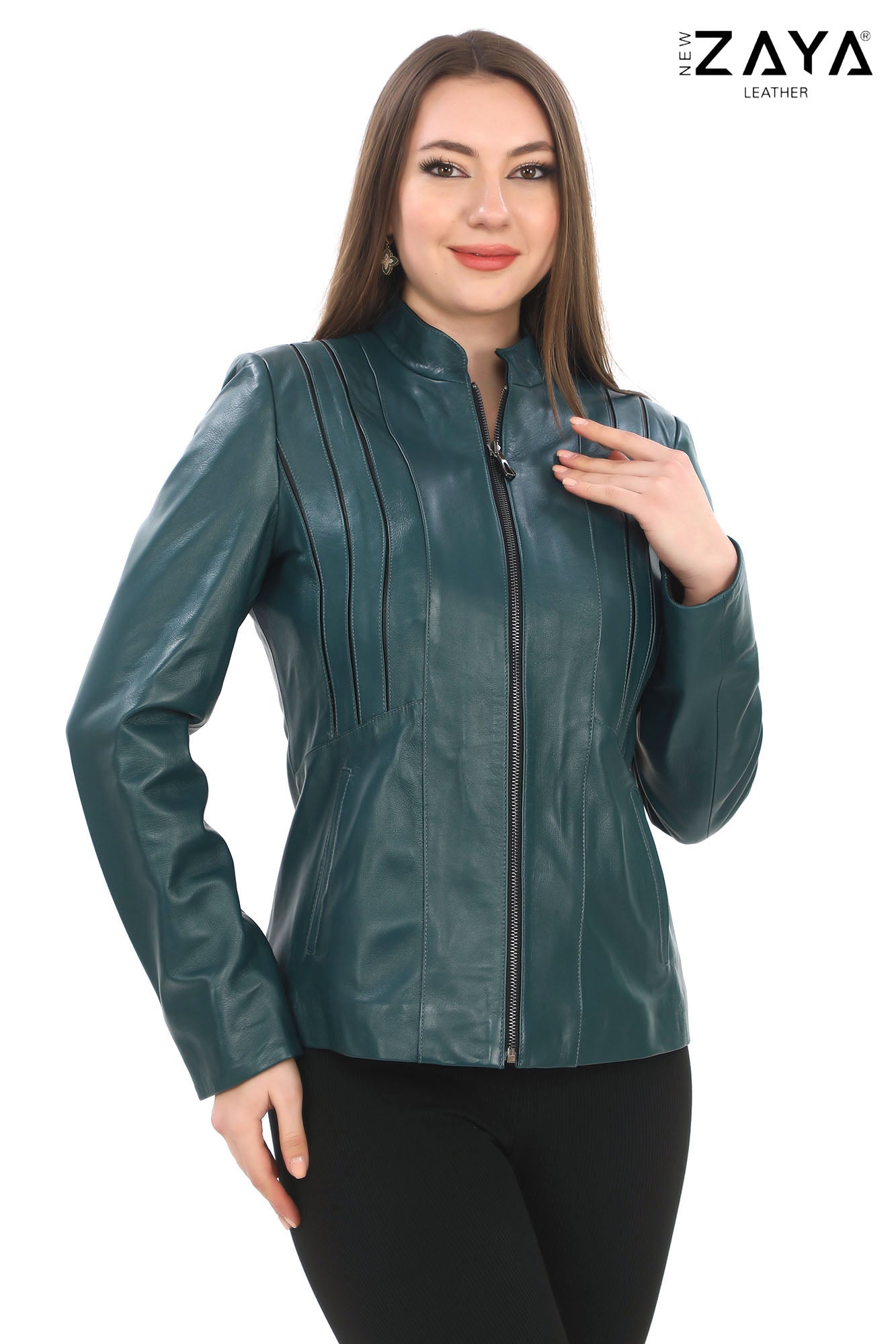 SADERNES Teal Women’s Genuine Lamb Leather Jacket with Stand Collar
