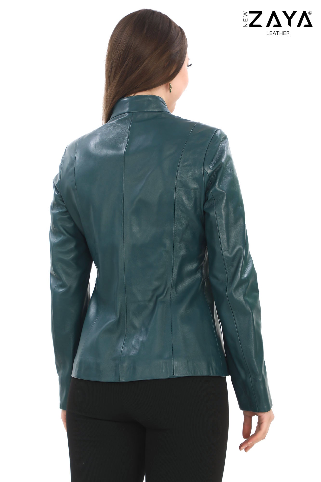 SADERNES Teal Women’s Genuine Lamb Leather Jacket with Stand Collar