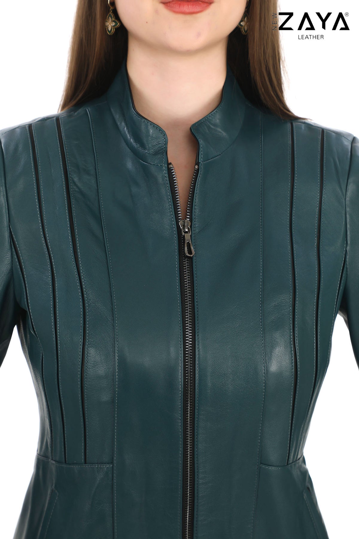 SADERNES Teal Women’s Genuine Lamb Leather Jacket with Stand Collar