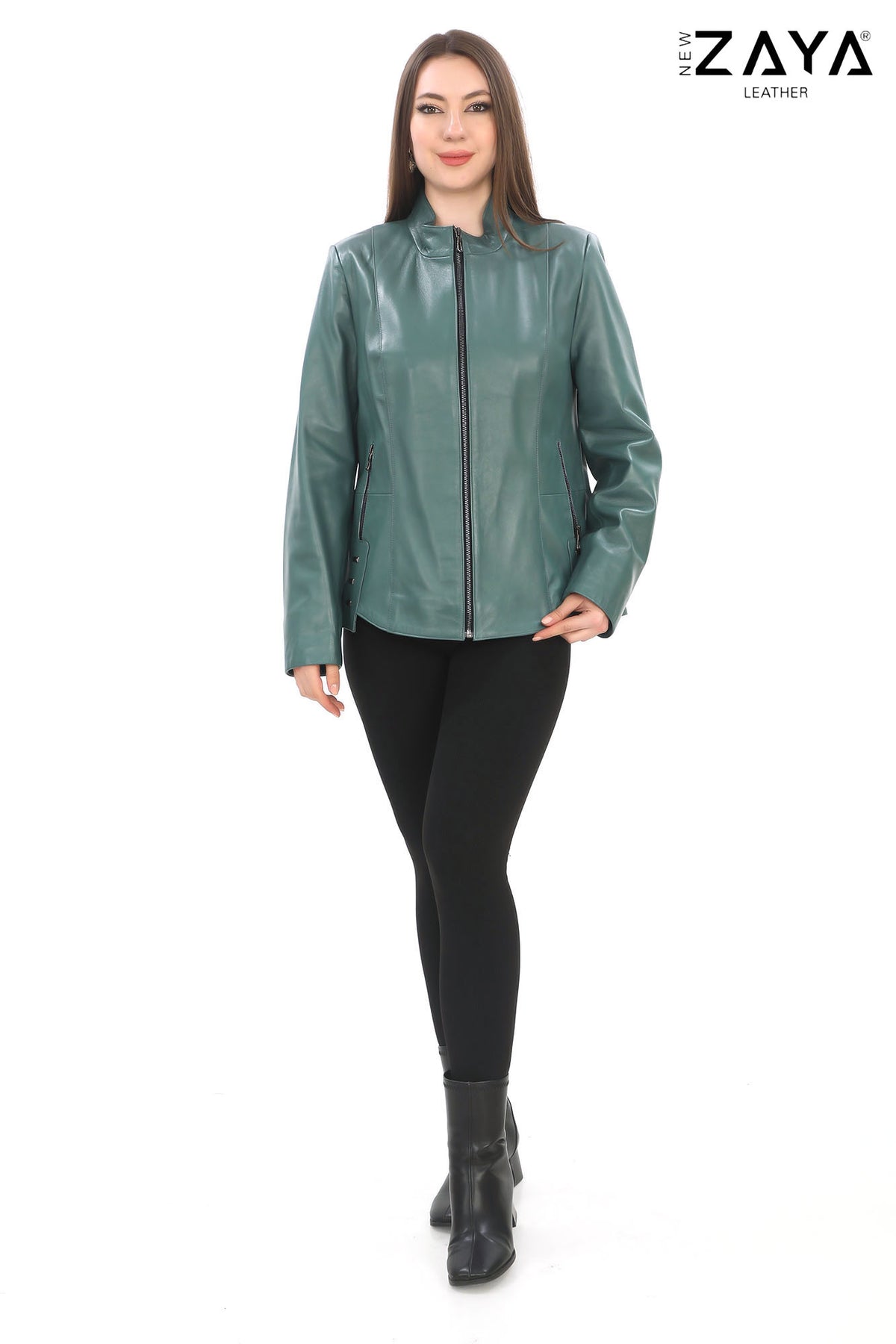 Hazel -Mint Green Stand Collar Genuine Leather Jacket