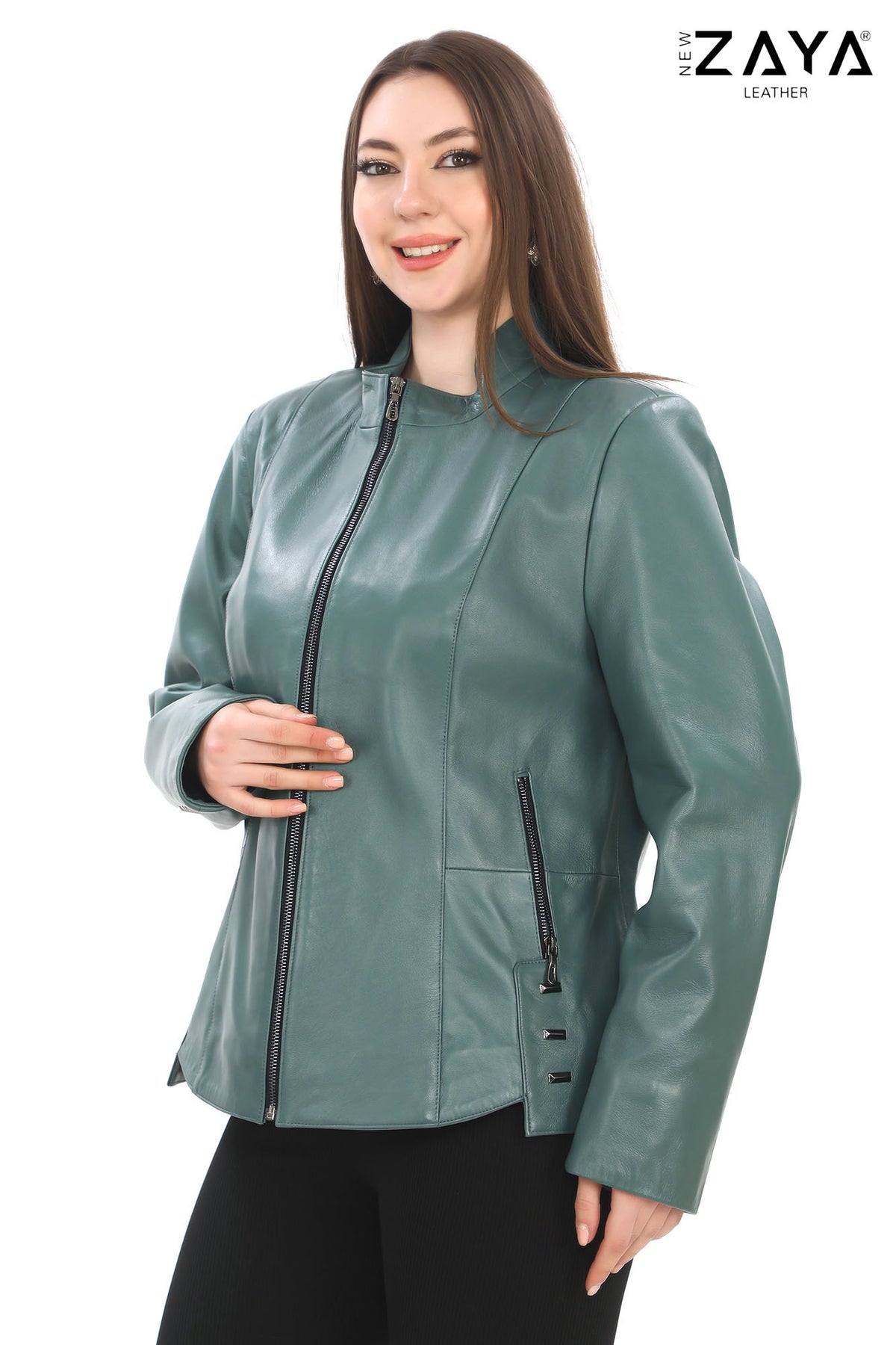 Hazel -Mint Green Stand Collar Genuine Leather Jacket