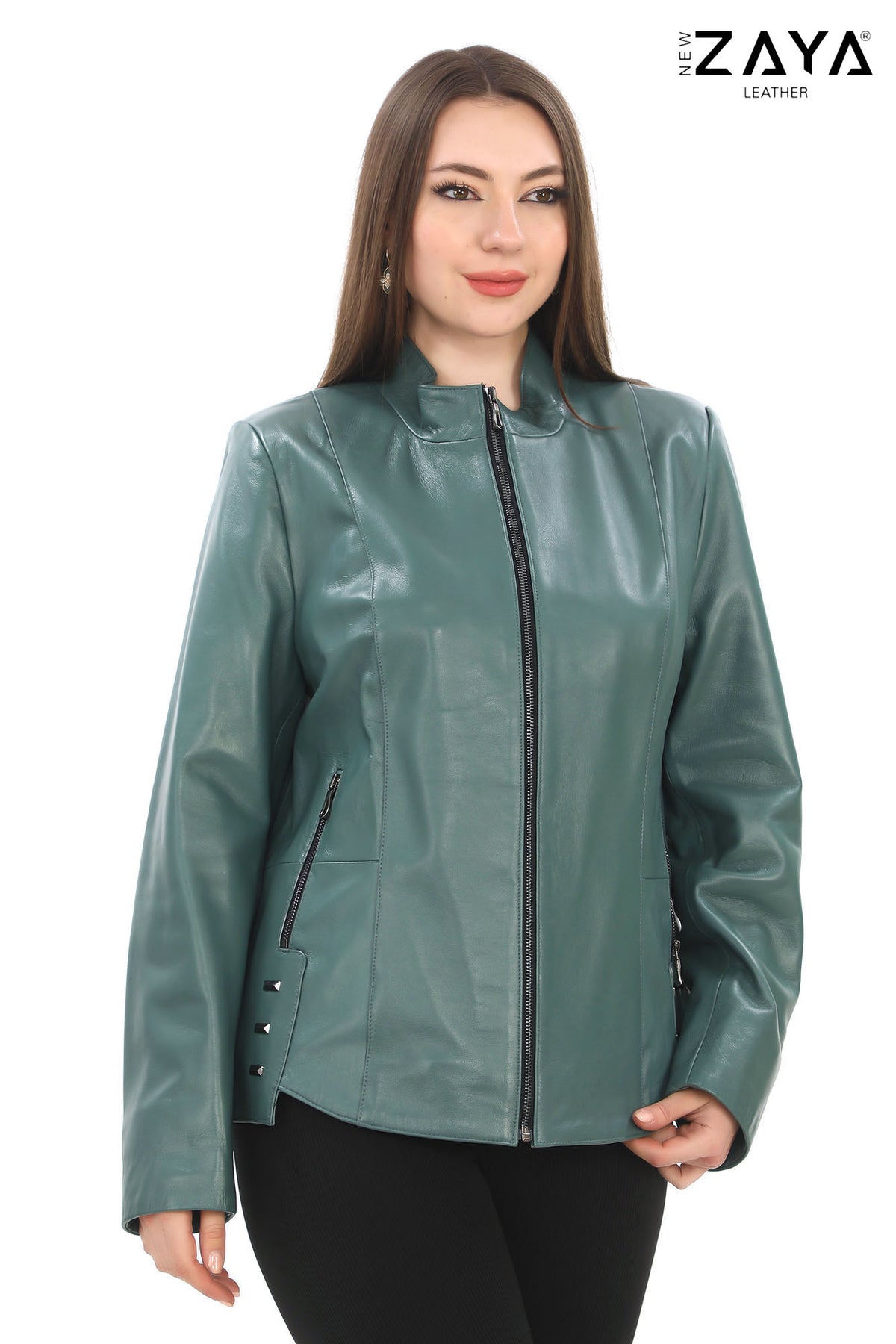 Hazel -Mint Green Stand Collar Genuine Leather Jacket