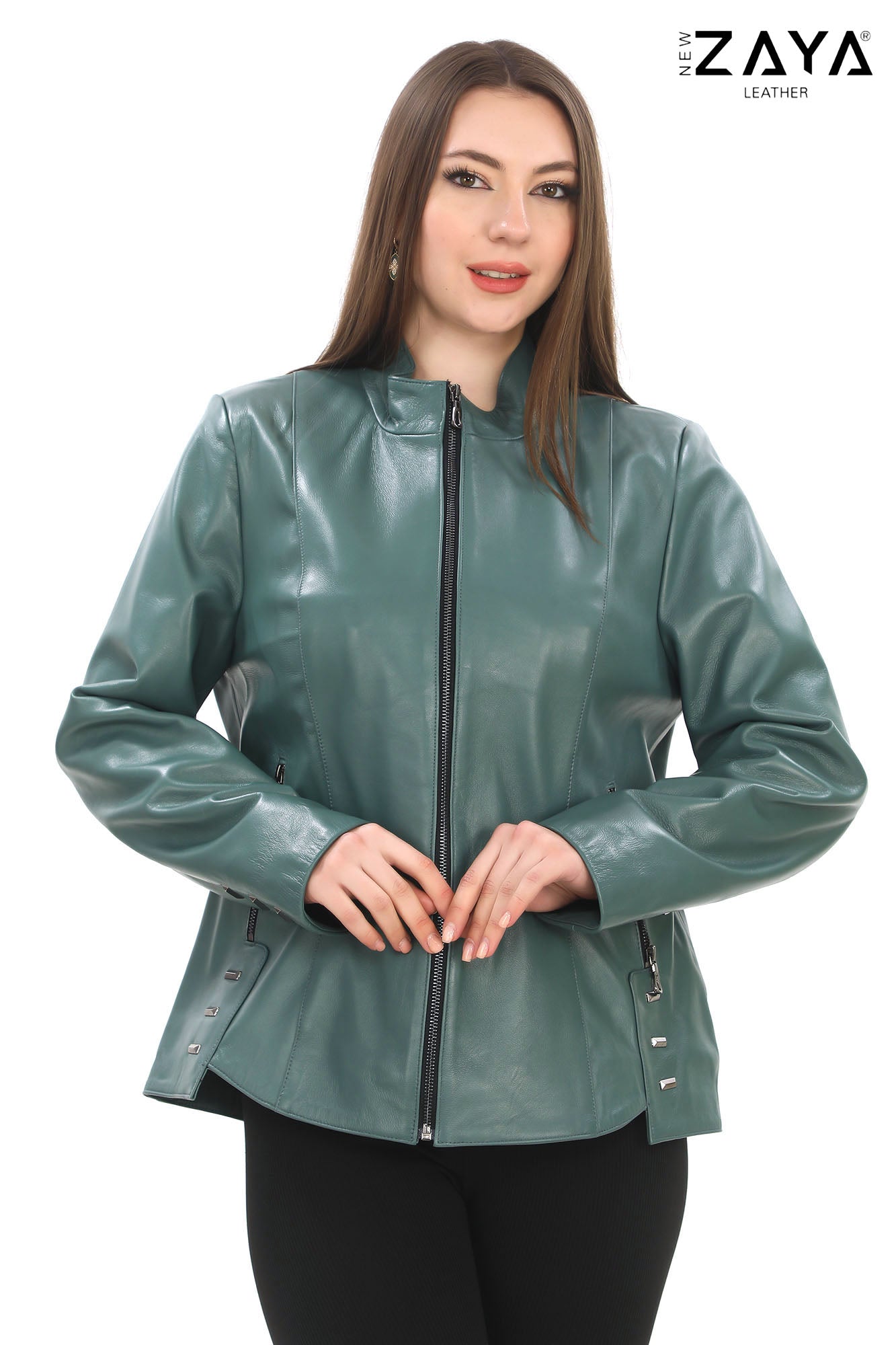 Hazel -Mint Green Stand Collar Genuine Leather Jacket