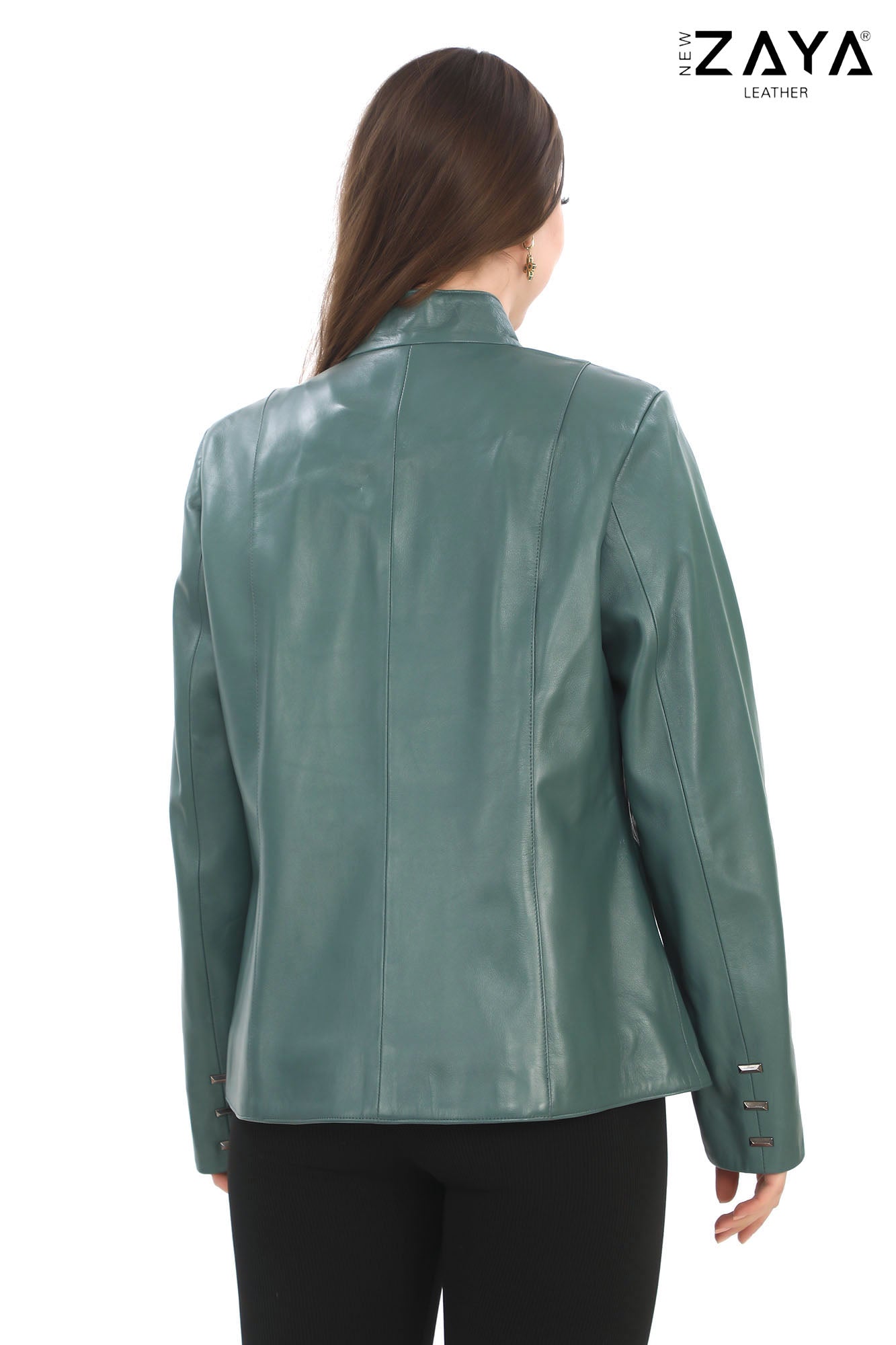Hazel -Mint Green Stand Collar Genuine Leather Jacket