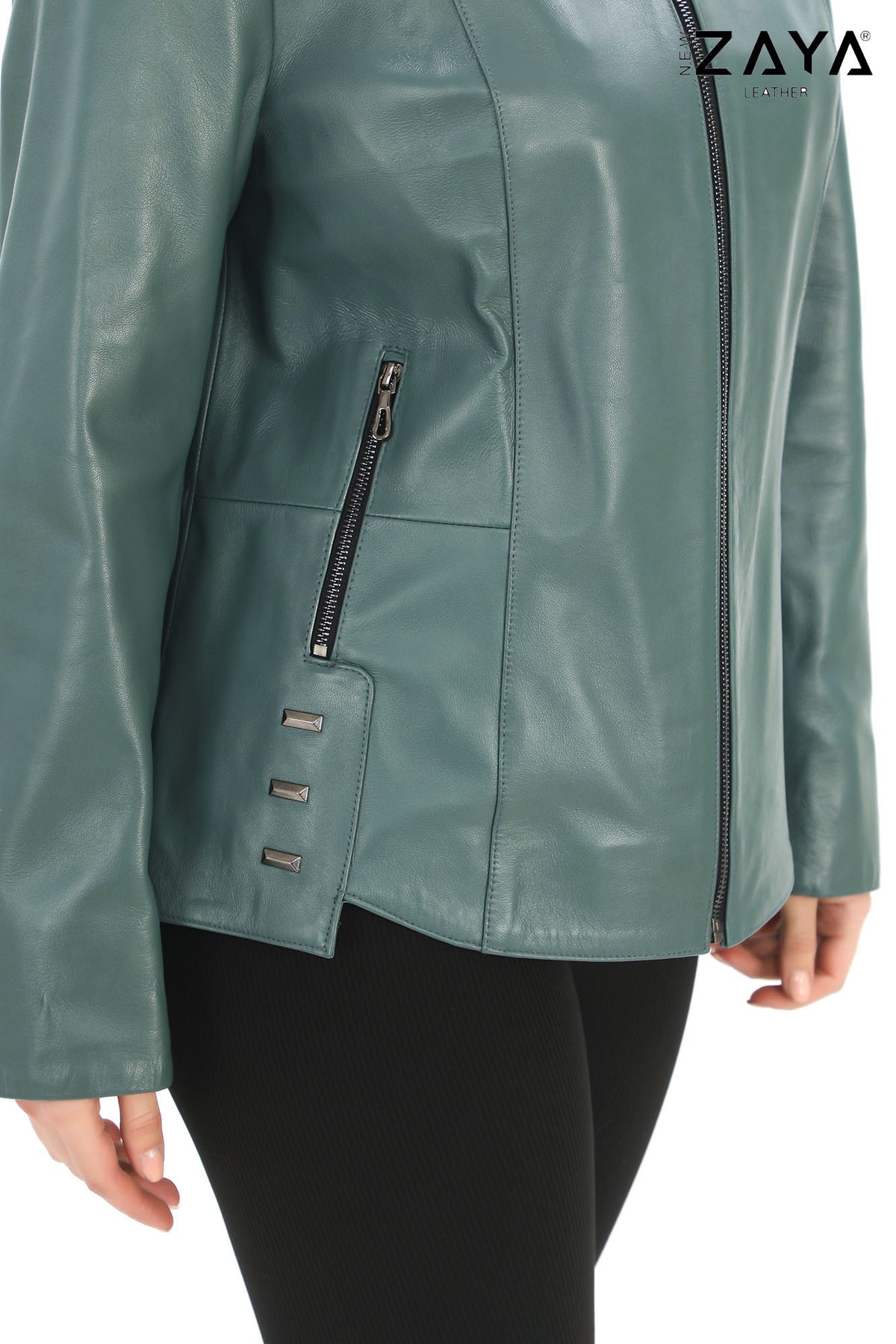 Hazel -Mint Green Stand Collar Genuine Leather Jacket