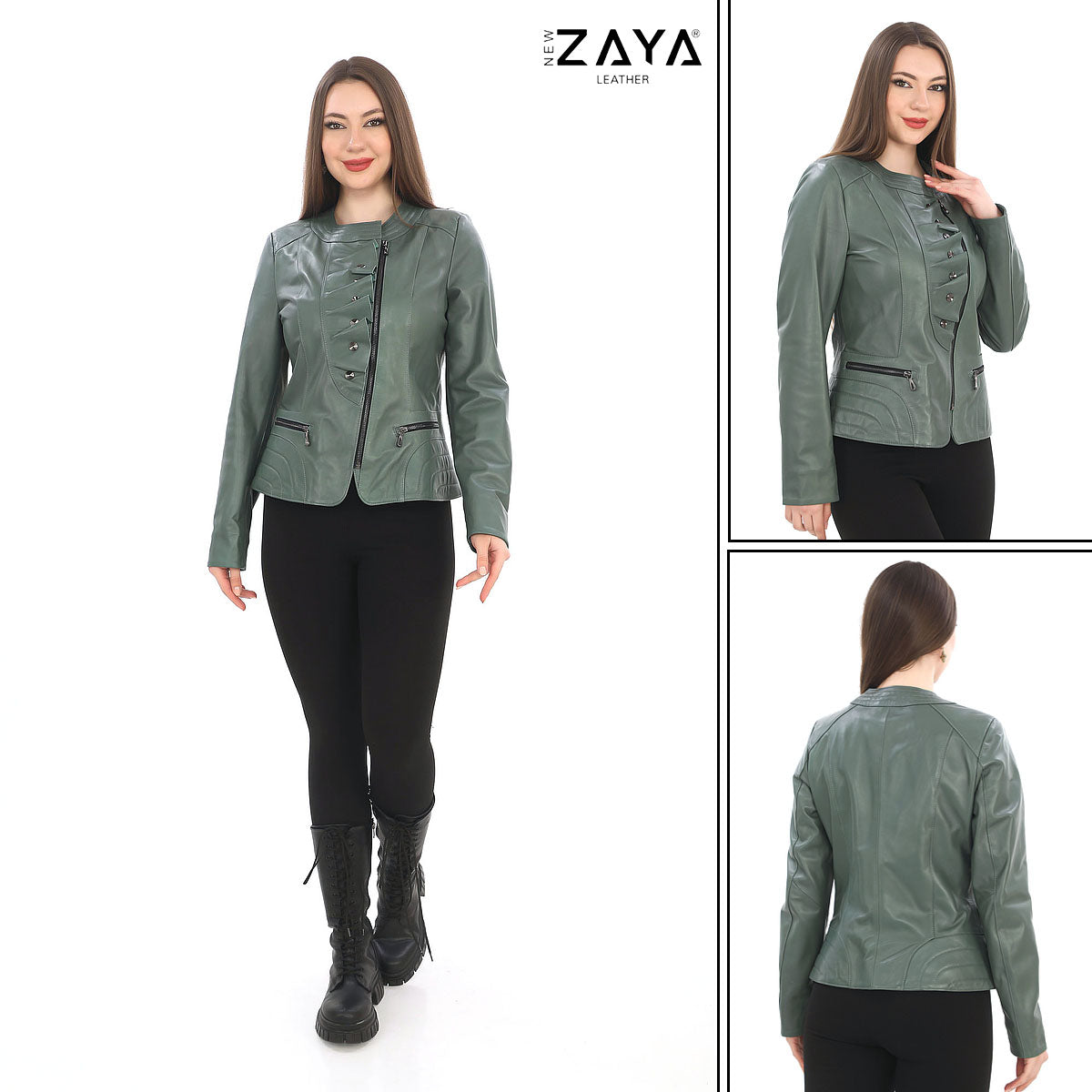 FLORA SAGE GREEN GENUINE LEATHER RUFFLE DETAILED ASYMMETRICAL JACKET