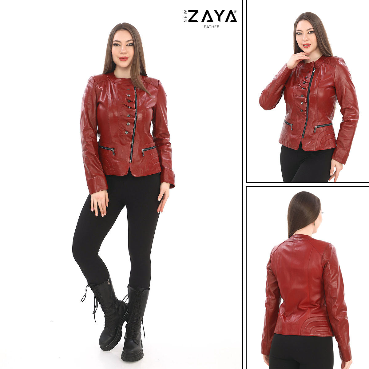 FLORA RED GENUINE LEATHER RUFFLE DETAILED ASYMMETRICAL JACKET