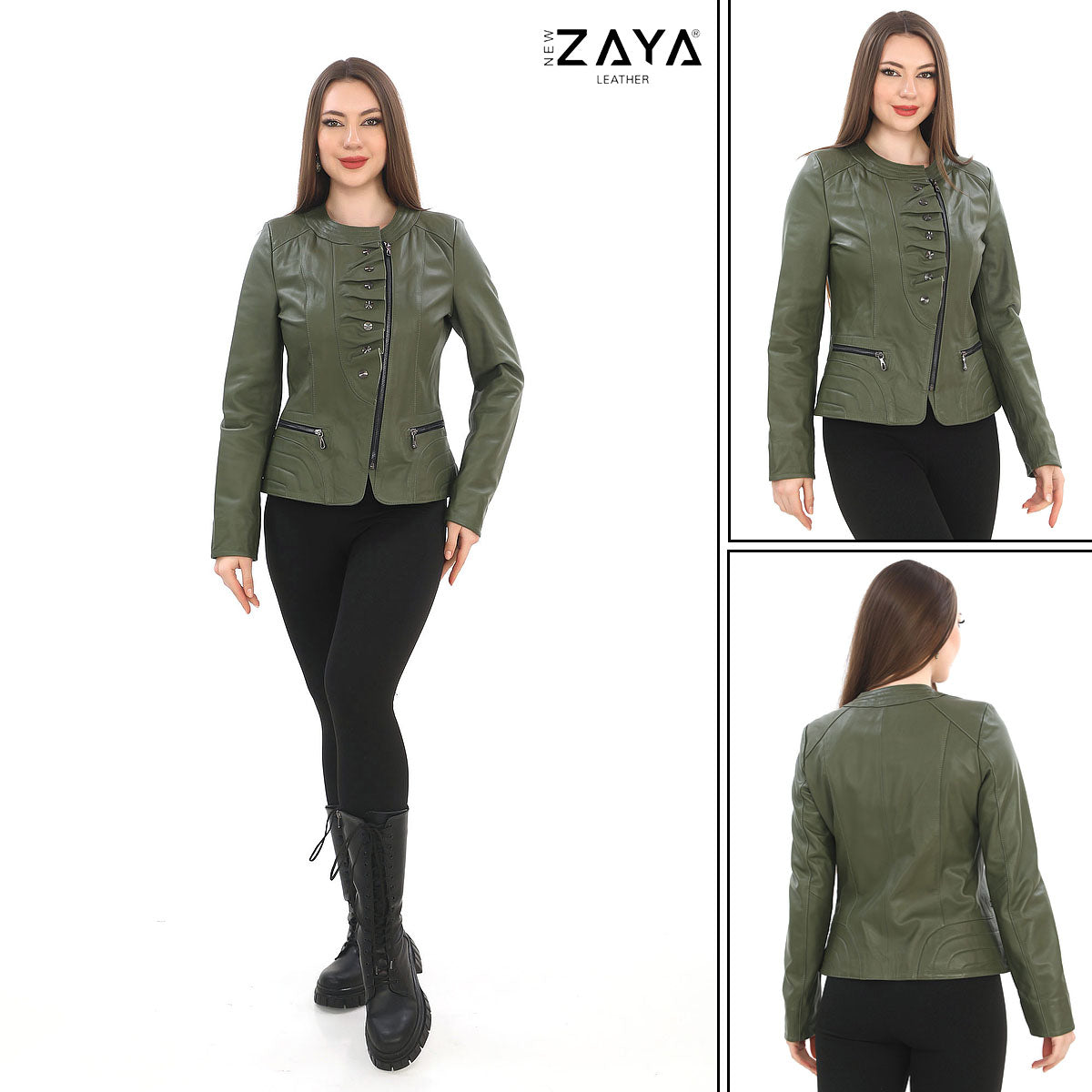 FLORA KHAKI GENUINE LEATHER RUFFLE DETAILED ASYMMETRICAL JACKET