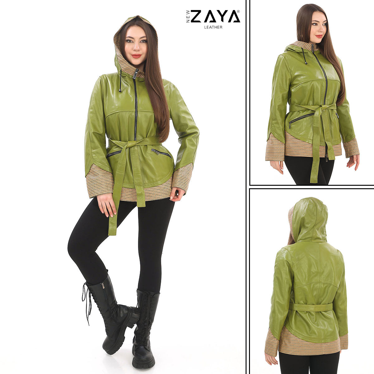 LYRA BLUE GENUINE LEATHER HOUNDSTOOTH COMBINED HOODED JACKET Green