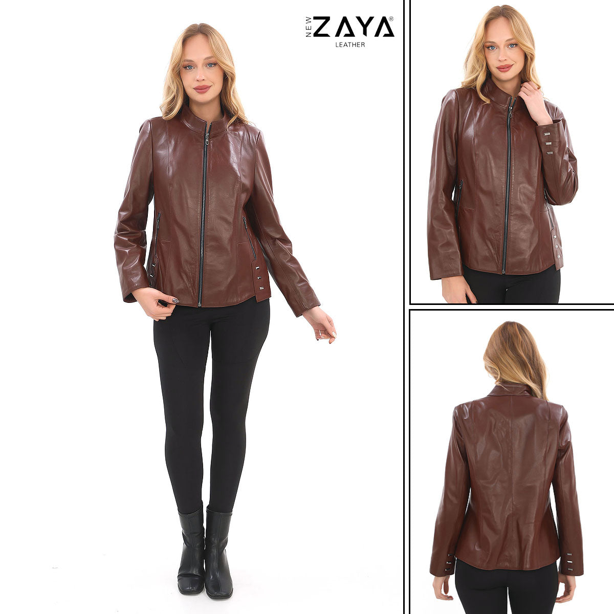 Hazel-Brown Stand Collar Genuine Leather Jacket