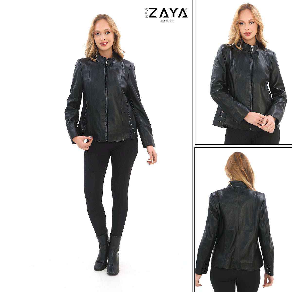 Hazel -Black Stand Collar Genuine Leather Jacket