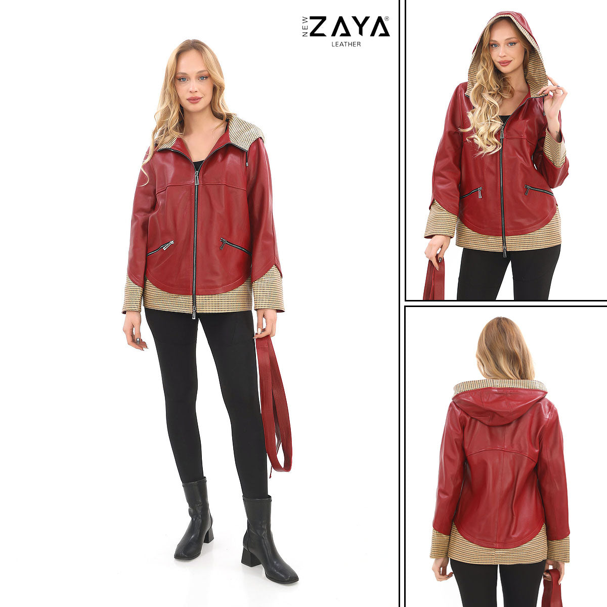 LYRA BLUE GENUINE LEATHER HOUNDSTOOTH COMBINED HOODED JACKET Red