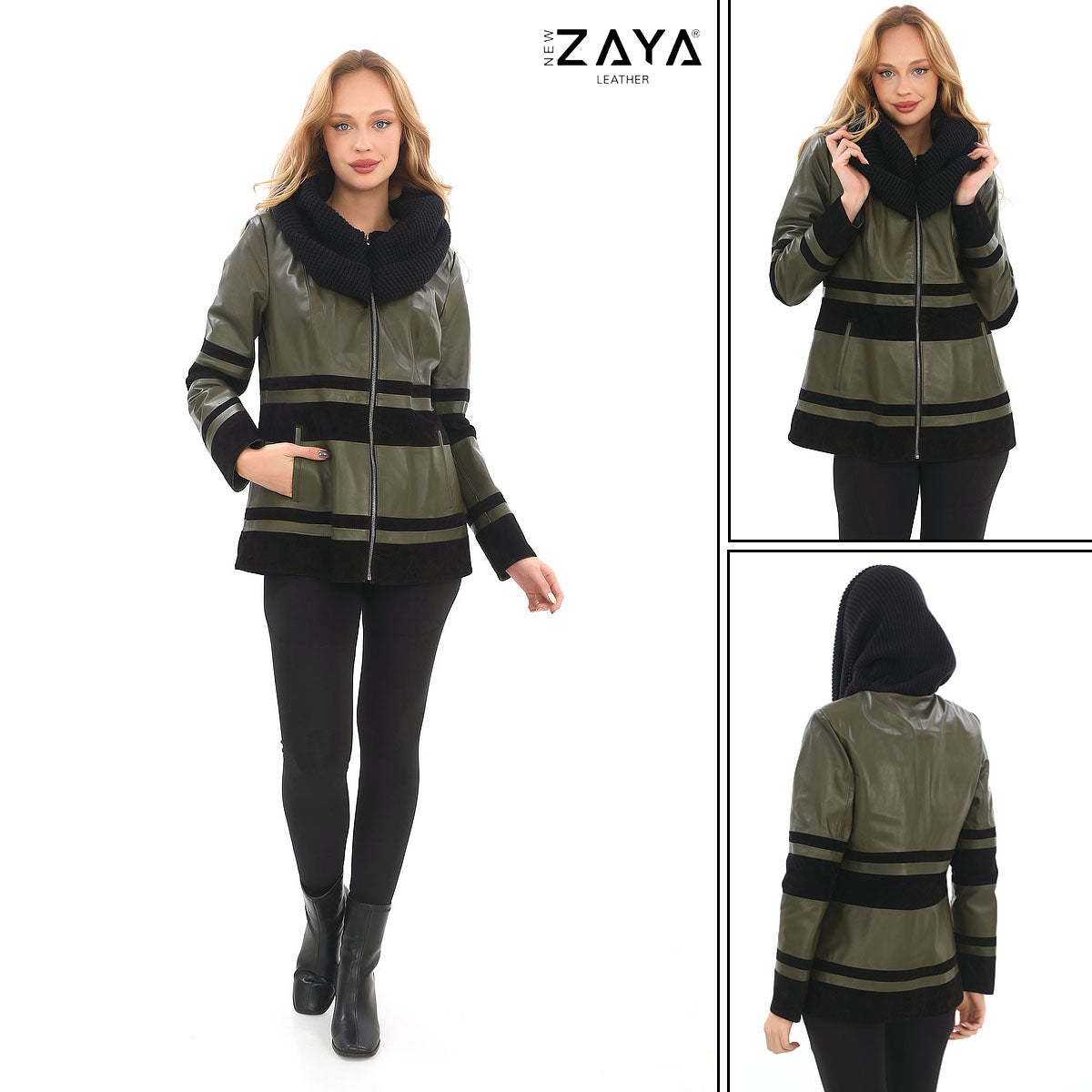 Aurevine Women’s Khaki Genuine Leather Jacket with Knit Shawl Collar and Suede Contrast Panels
