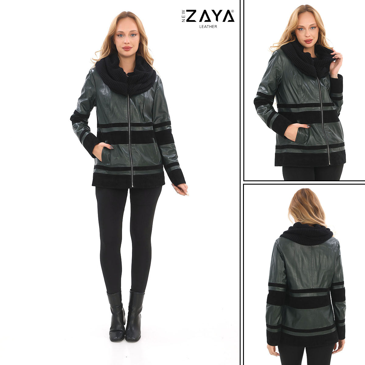 Aurevine Women’s Dark Green Genuine Leather Jacket with Knit Shawl Collar and Suede Contrast Panels