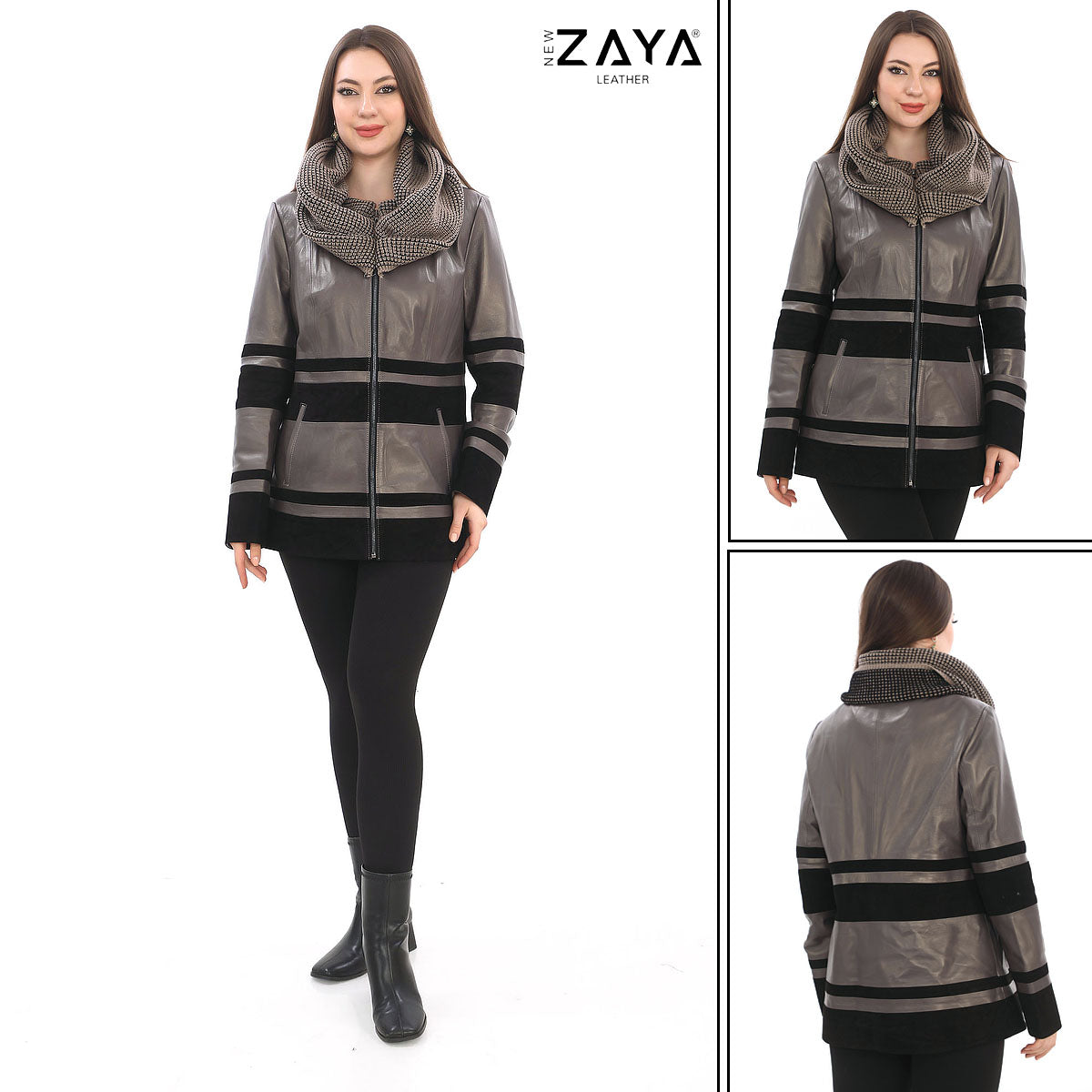 Aurevine Women’s Taupe Genuine Leather Jacket with Knit Shawl Collar and Suede Contrast Panels