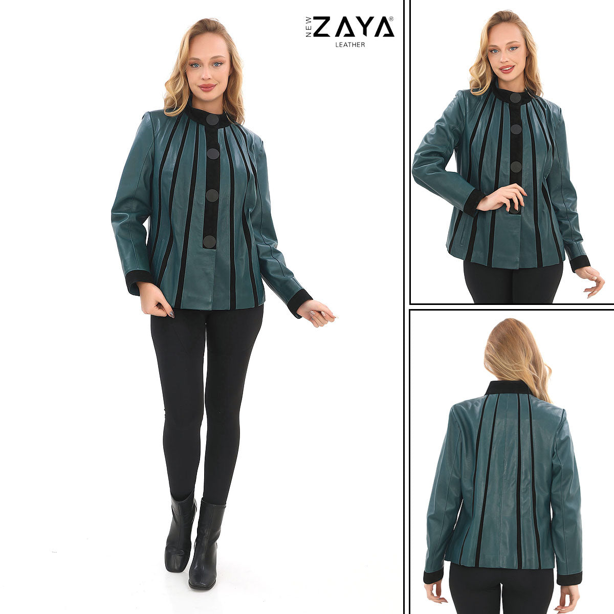 ATHENA ANTHRACITE GENUINE LEATHER & SUEDE PANELLED STATEMENT JACKET Petrol Blue