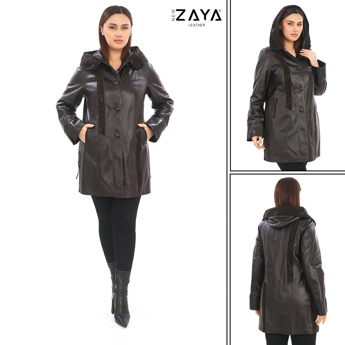 ÉLYSA CROCO – Hooded Leather Trench Coat Brown