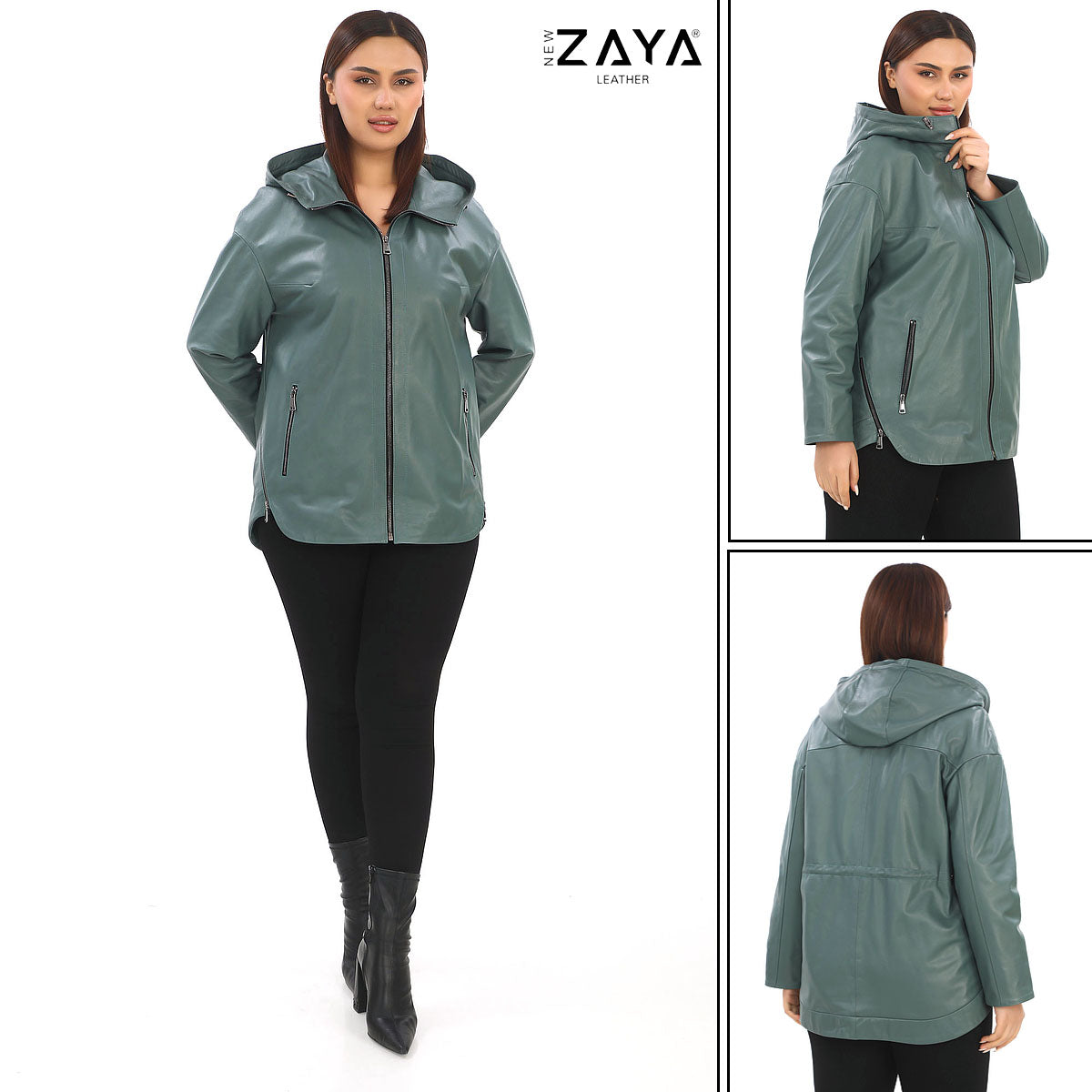LUNA MINT GREEN HOODED GENUINE LEATHER PARKA JACKET
