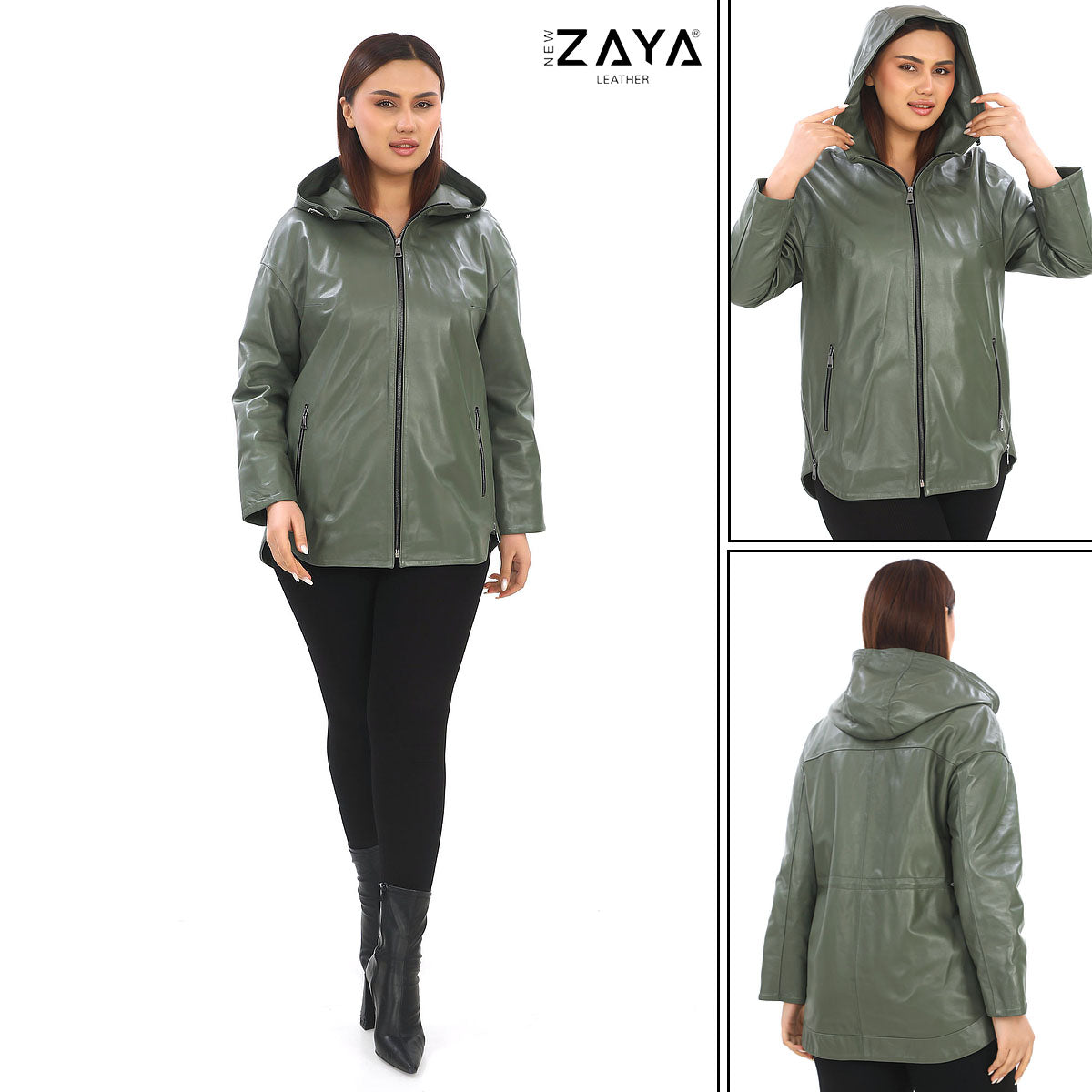 LUNA KHAKI HOODED GENUINE LEATHER PARKA JACKET