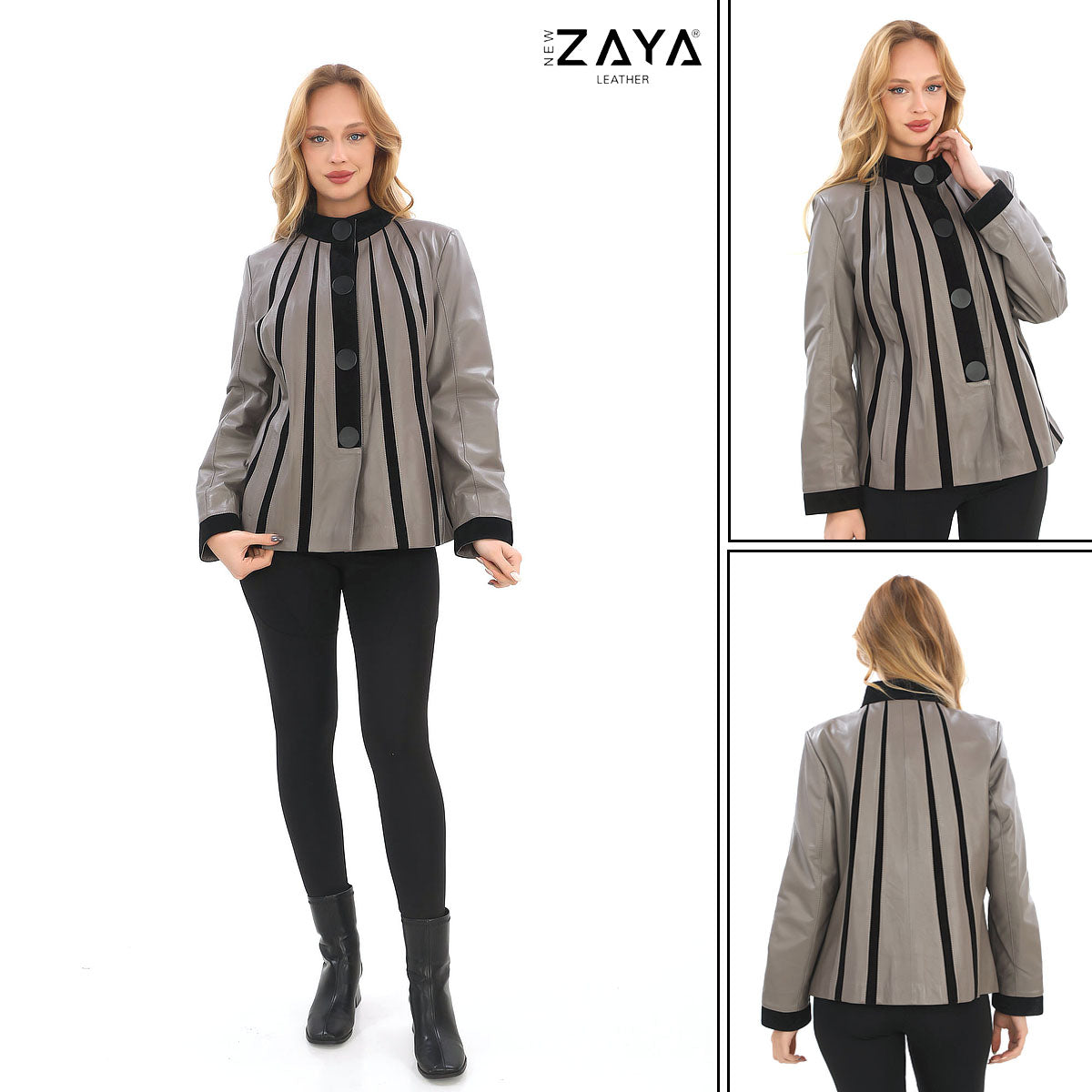 ATHENA ANTHRACITE GENUINE LEATHER & SUEDE PANELLED STATEMENT JACKET Taupe