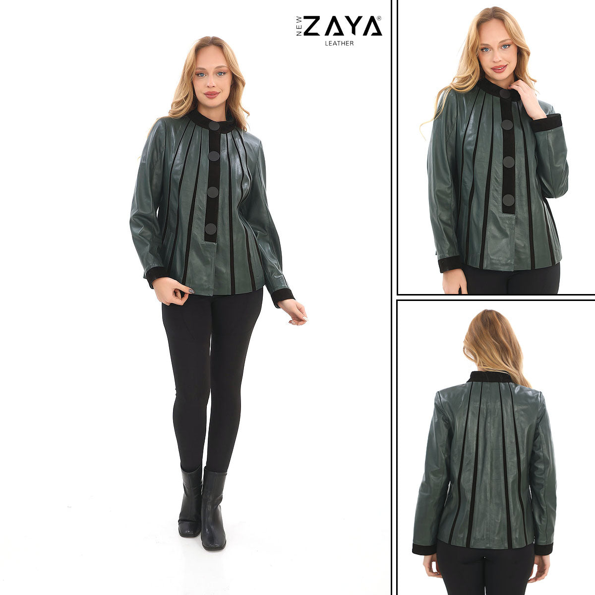 ATHENA ANTHRACITE GENUINE LEATHER & SUEDE PANELLED STATEMENT JACKET Khaki