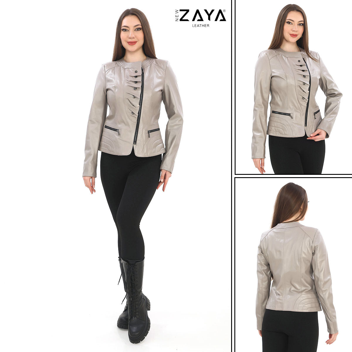 FLORA BEIGE GENUINE LEATHER RUFFLE DETAILED ASYMMETRICAL JACKET