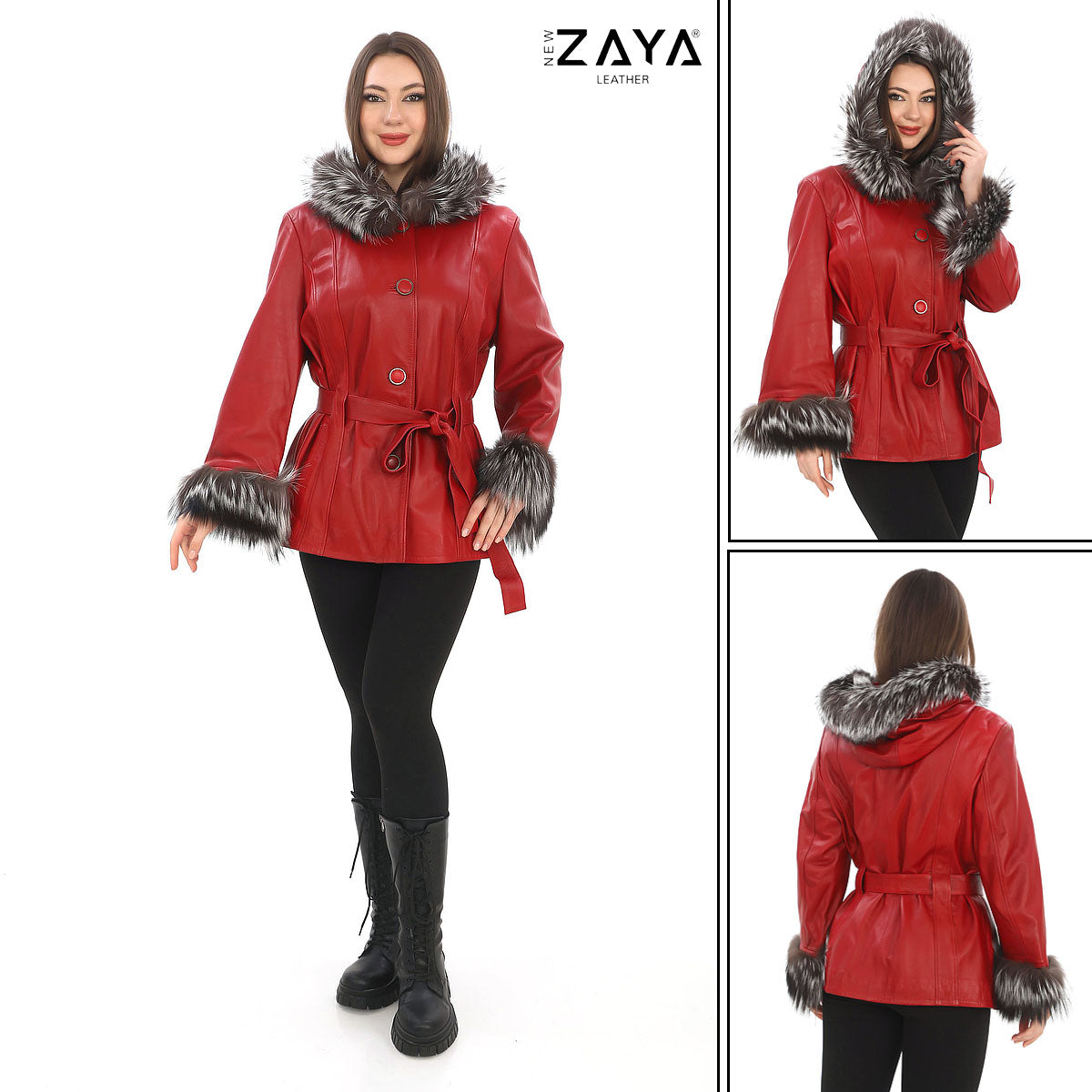 AURELIA SILVER FOX – Hooded Leather Coat Red