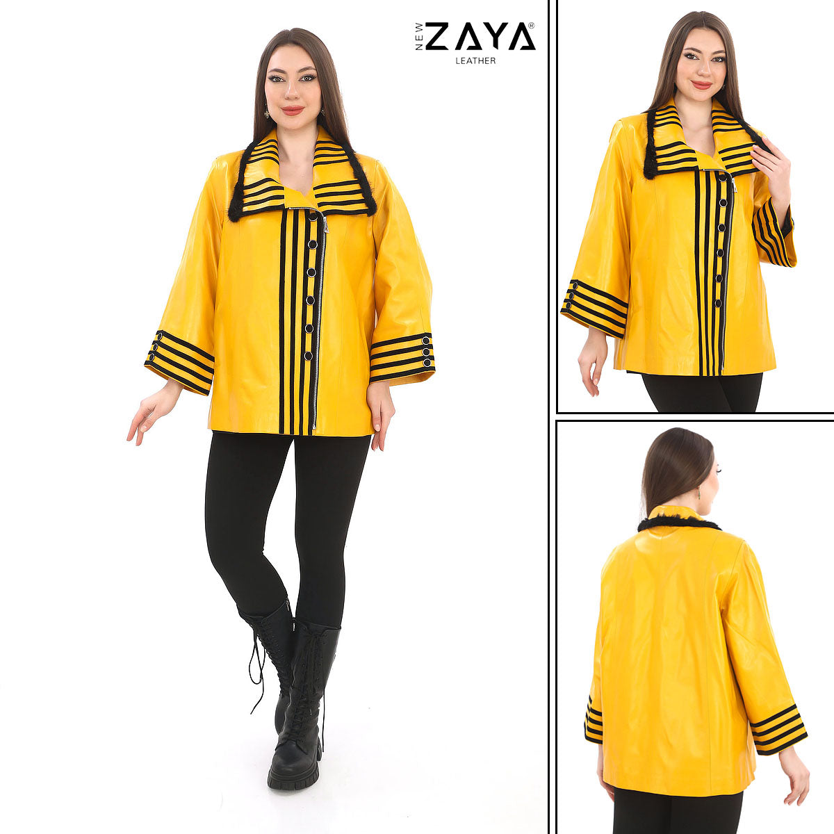 SOLARA YELLOW – Women’s Genuine Leather Designer Jacket with Contrast Trim