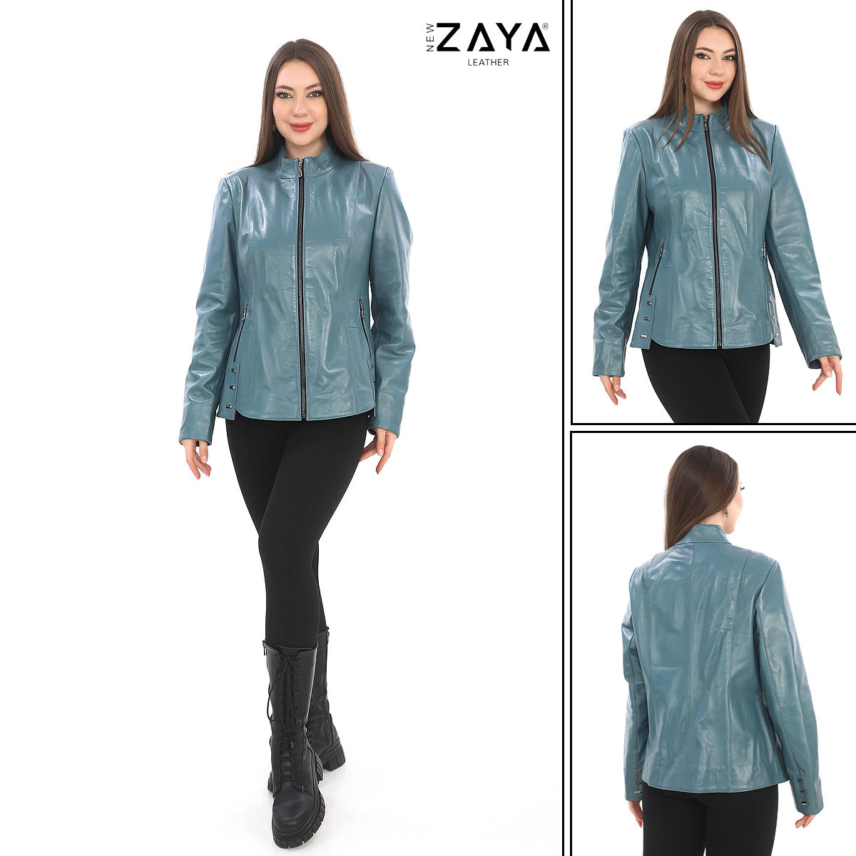 Hazel -Teal Stand Collar Genuine Leather Jacket