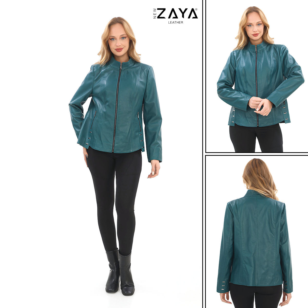 Hazel -Petrol Blue Stand Collar Genuine Leather Jacket