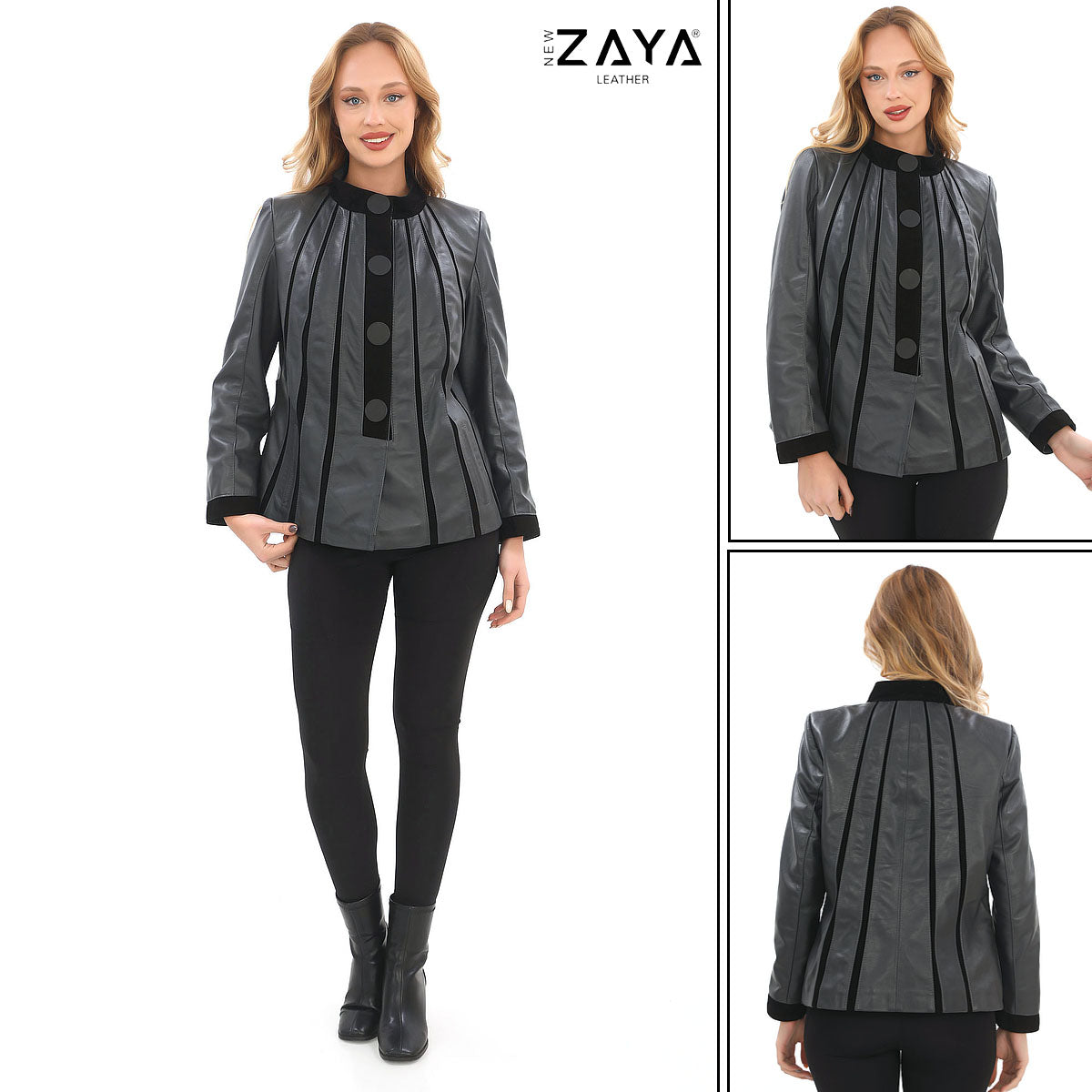 ATHENA ANTHRACITE GENUINE LEATHER & SUEDE PANELLED STATEMENT JACKET Anthracite