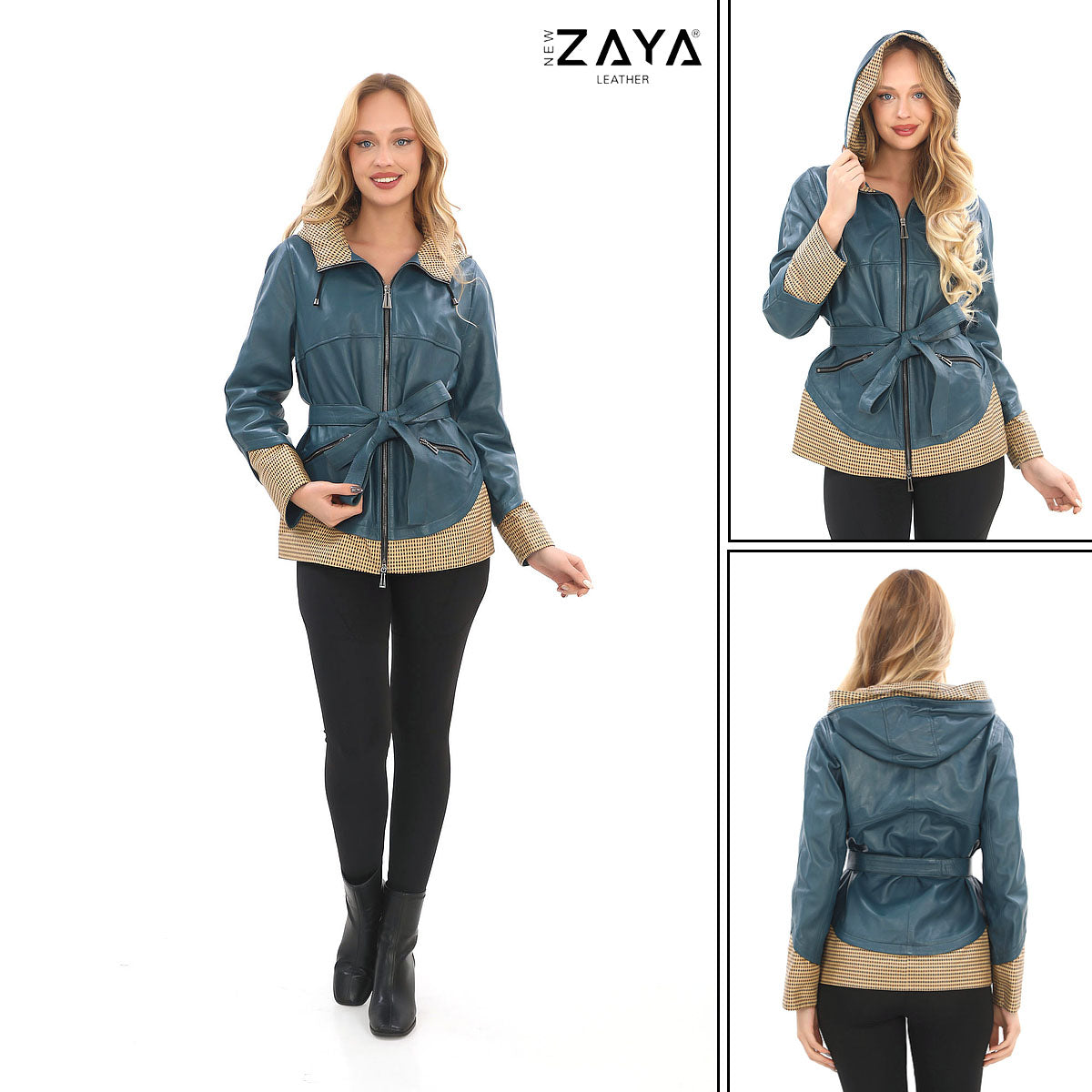 LYRA BLUE GENUINE LEATHER HOUNDSTOOTH COMBINED HOODED JACKET