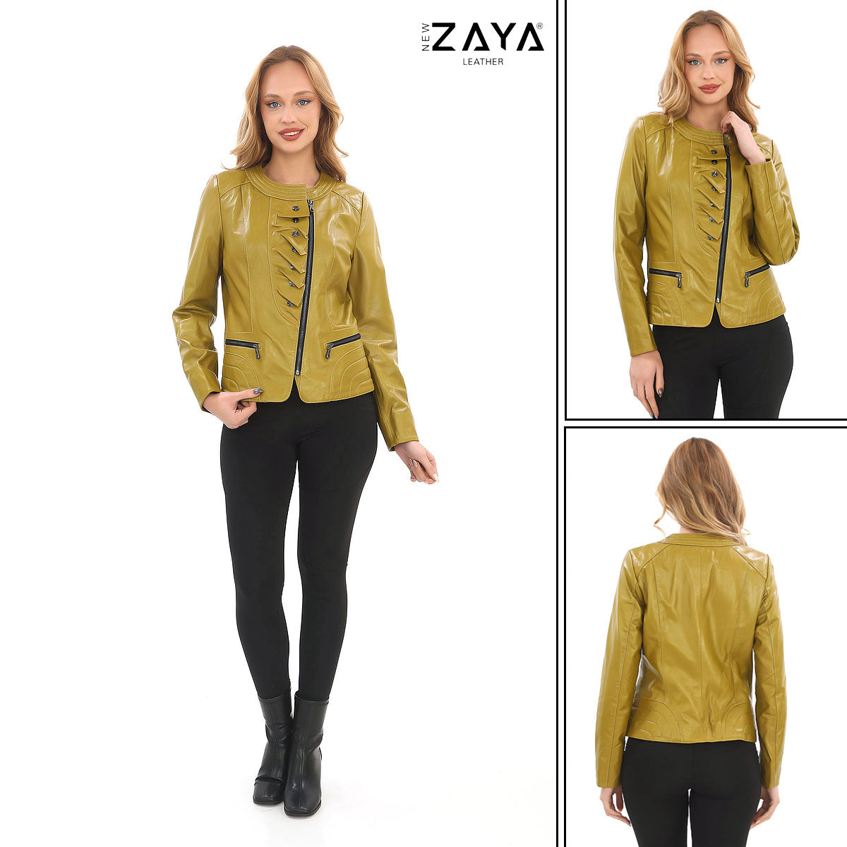 FLORA OLIVE GREEN LEATHER RUFFLE DETAILED ASYMMETRICAL JACKET