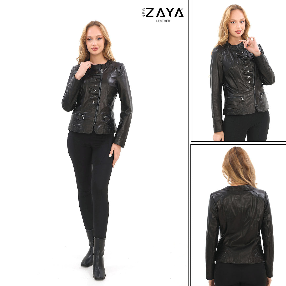 FLORA BLACK GENUINE LEATHER RUFFLE DETAILED ASYMMETRICAL JACKET