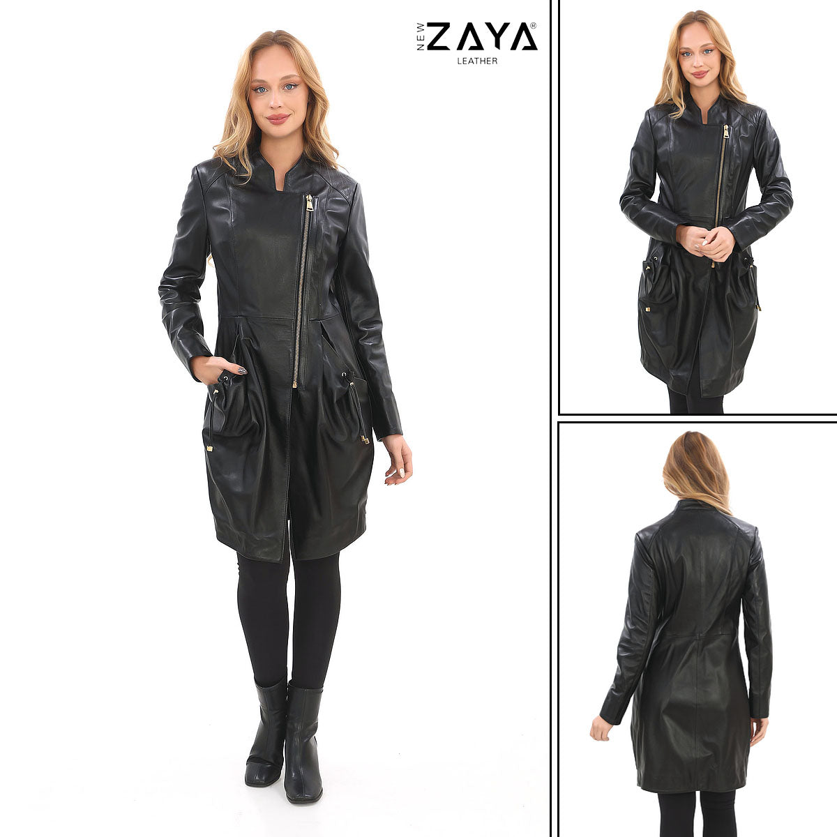 SCARLET Asymmetric ZIP Black Genuine Lambskin Leather Trench Black