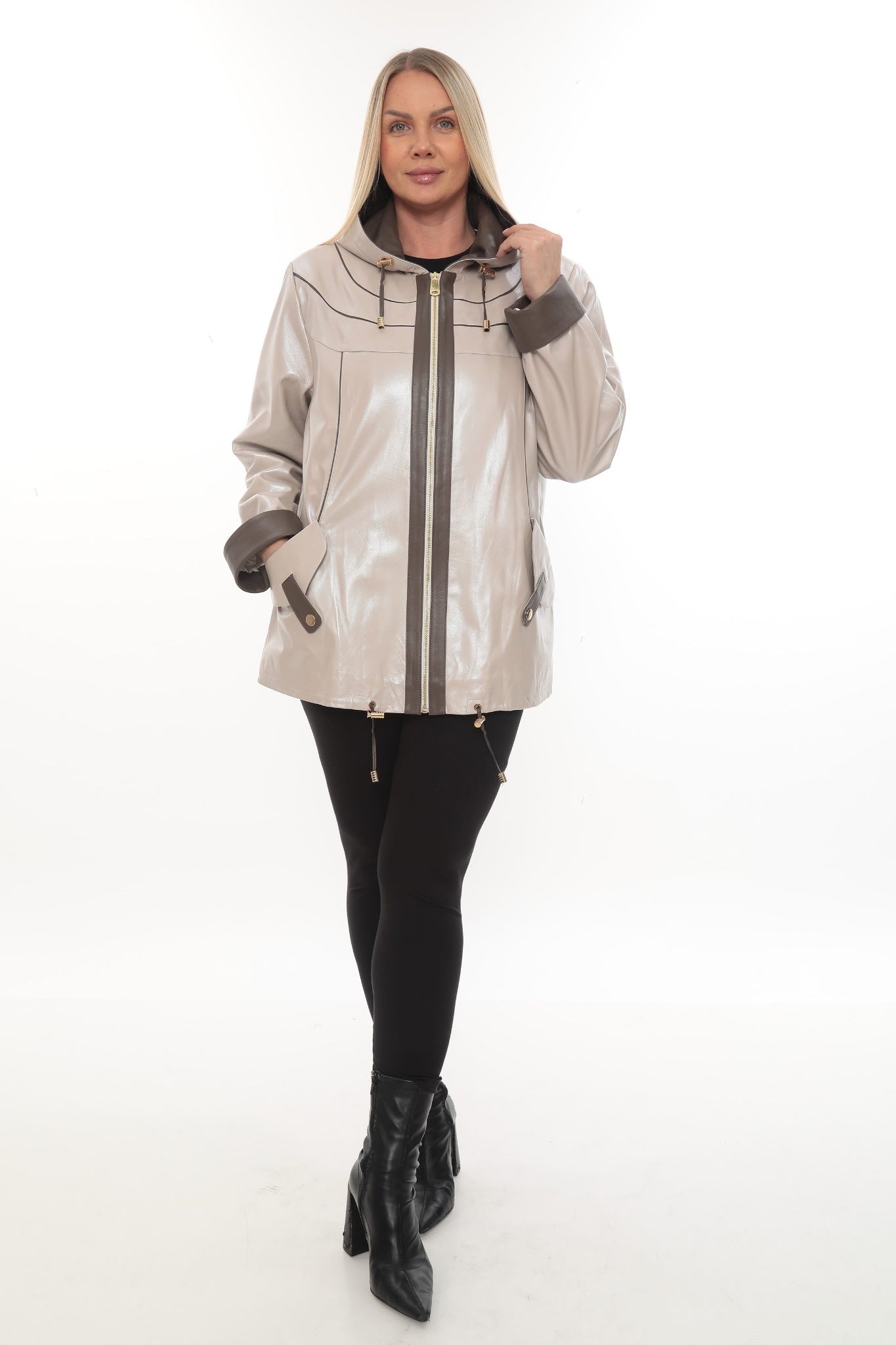 LOOREY Beige Genuine Lambskin Leather Hooded Jacket