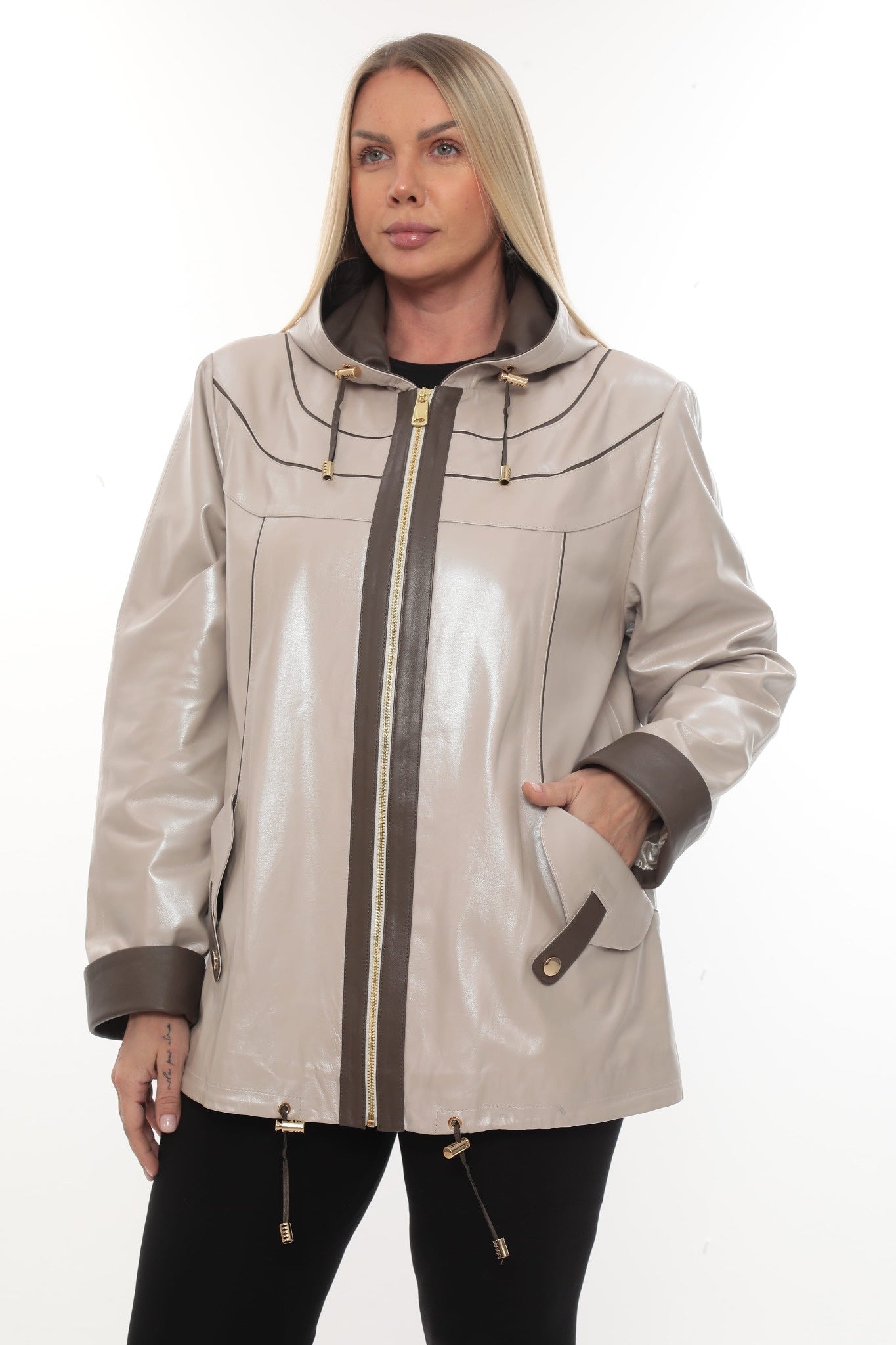 LOOREY Beige Genuine Lambskin Leather Hooded Jacket